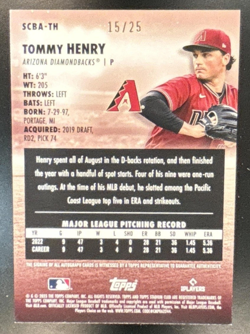 2023 Topps Stadium Club Tommy Henry Auto Black /25 RC Arizona Diamondbacks - Sports Cards