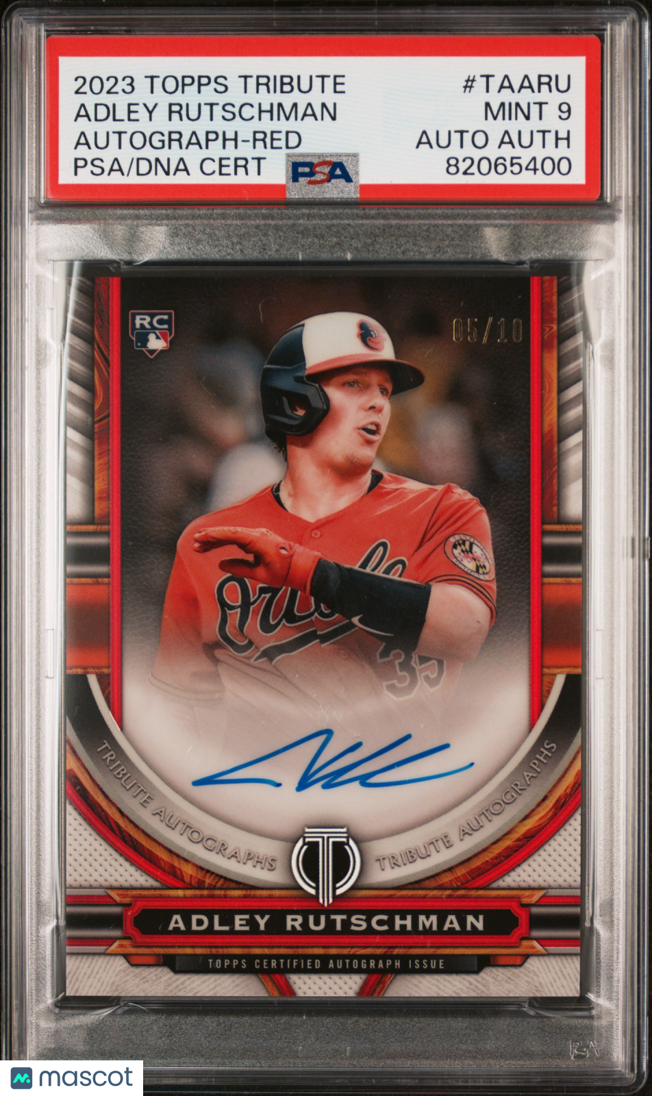 2023 Topps Tribute Tribute Autograph Adley Rutschman Red Rookie/10 PSA 9 Orioles - Graded Sports Cards