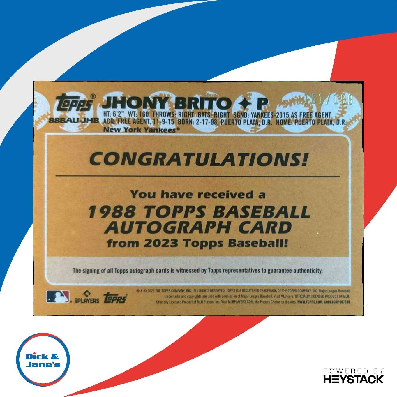 2023 Topps Update Jhony Brito 1988 Baseball Auto Black /199 RC Yankees - Sports Cards