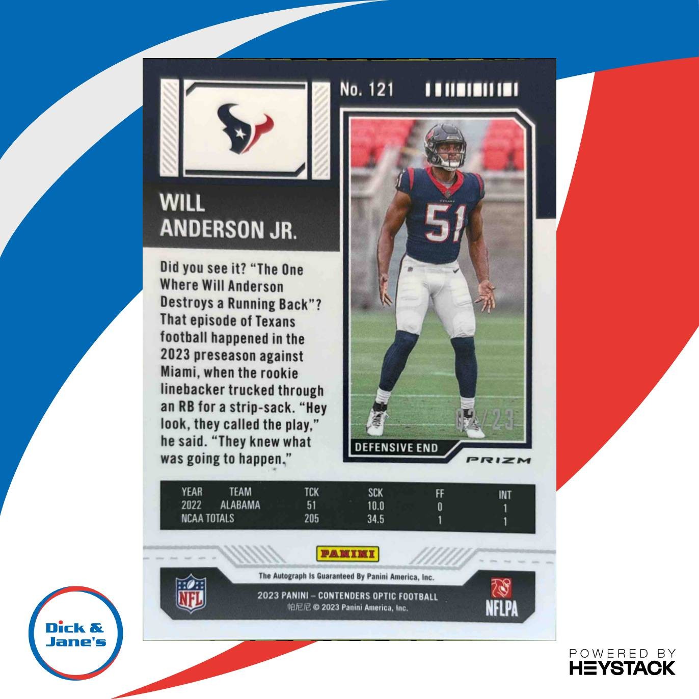 2023 Zenith Will Anderson Jr Contenders Optic Rookie Ticket Preview Green /23 AU - Sports Cards