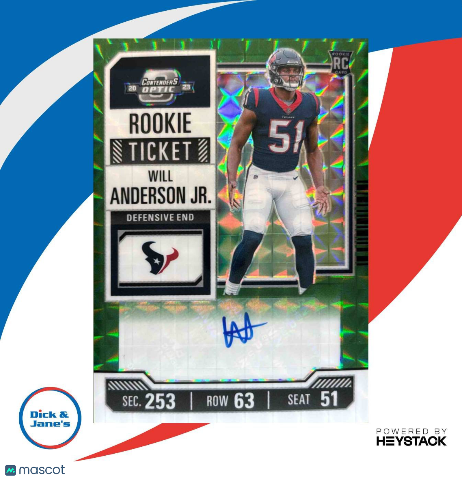 2023 Zenith Will Anderson Jr Contenders Optic Rookie Ticket Preview Green /23 AU - Sports Cards