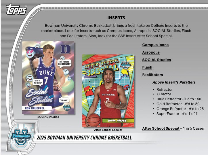 2024/25 Bowman University Chrome U Basketball Hobby Box (2 Autos) Cooper Flagg / Ace Bailey April 3rd - NBA Hobby Box