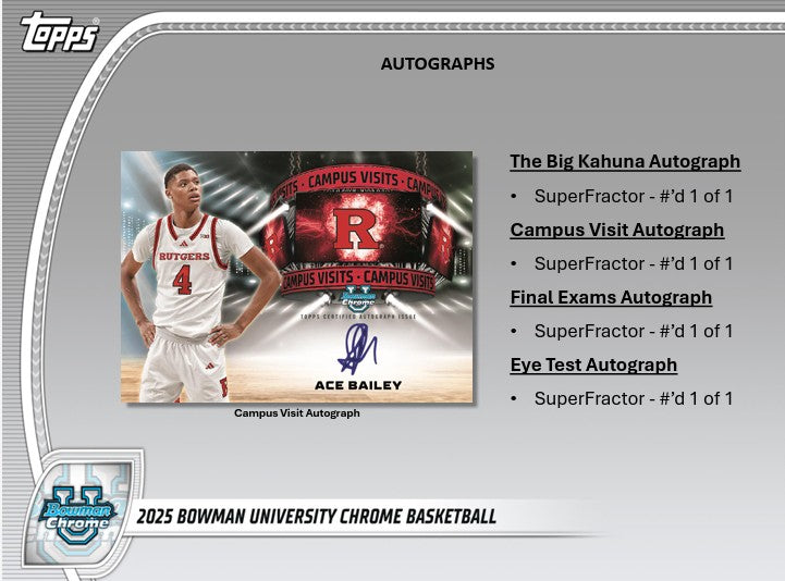 2024/25 Bowman University Chrome U Basketball Hobby Box (2 Autos) Cooper Flagg / Ace Bailey April 3rd - NBA Hobby Box