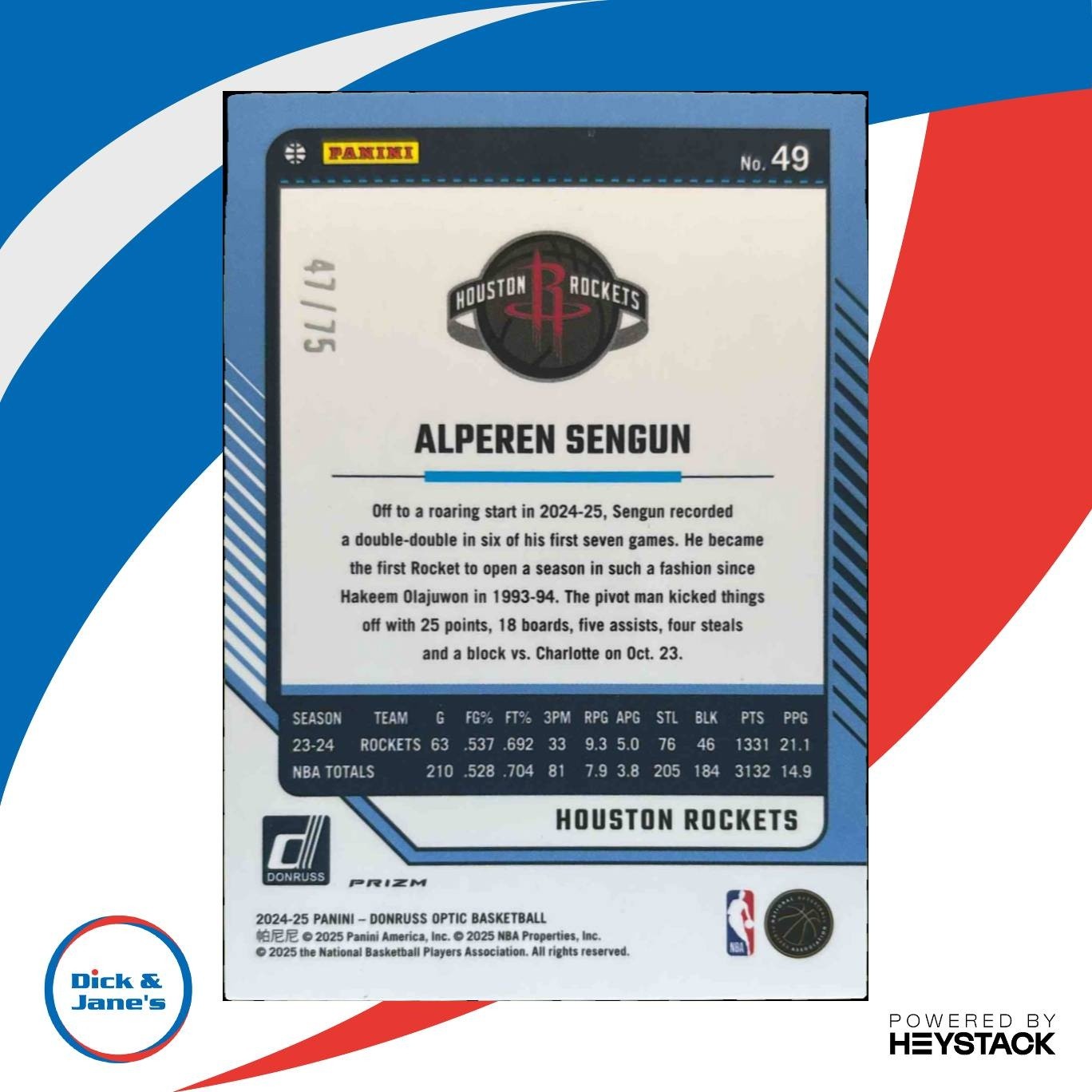 2024-25 Donruss Optic Alperen Sengun Fast Break Red 47/75 #49 Houston Rockets - Sports Cards