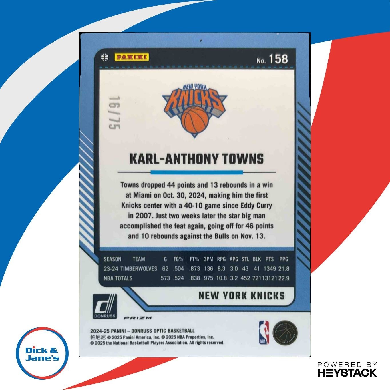 2024-25 Donruss Optic Karl-Anthony Towns Fast Break Red /75 #158 New York Knicks - Sports Cards