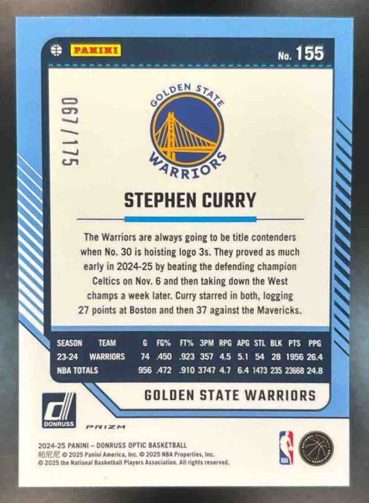 2024-25 Donruss Optic Stephen Curry Hyper Blue /175 #155 Golden State Warriors - Sports Cards