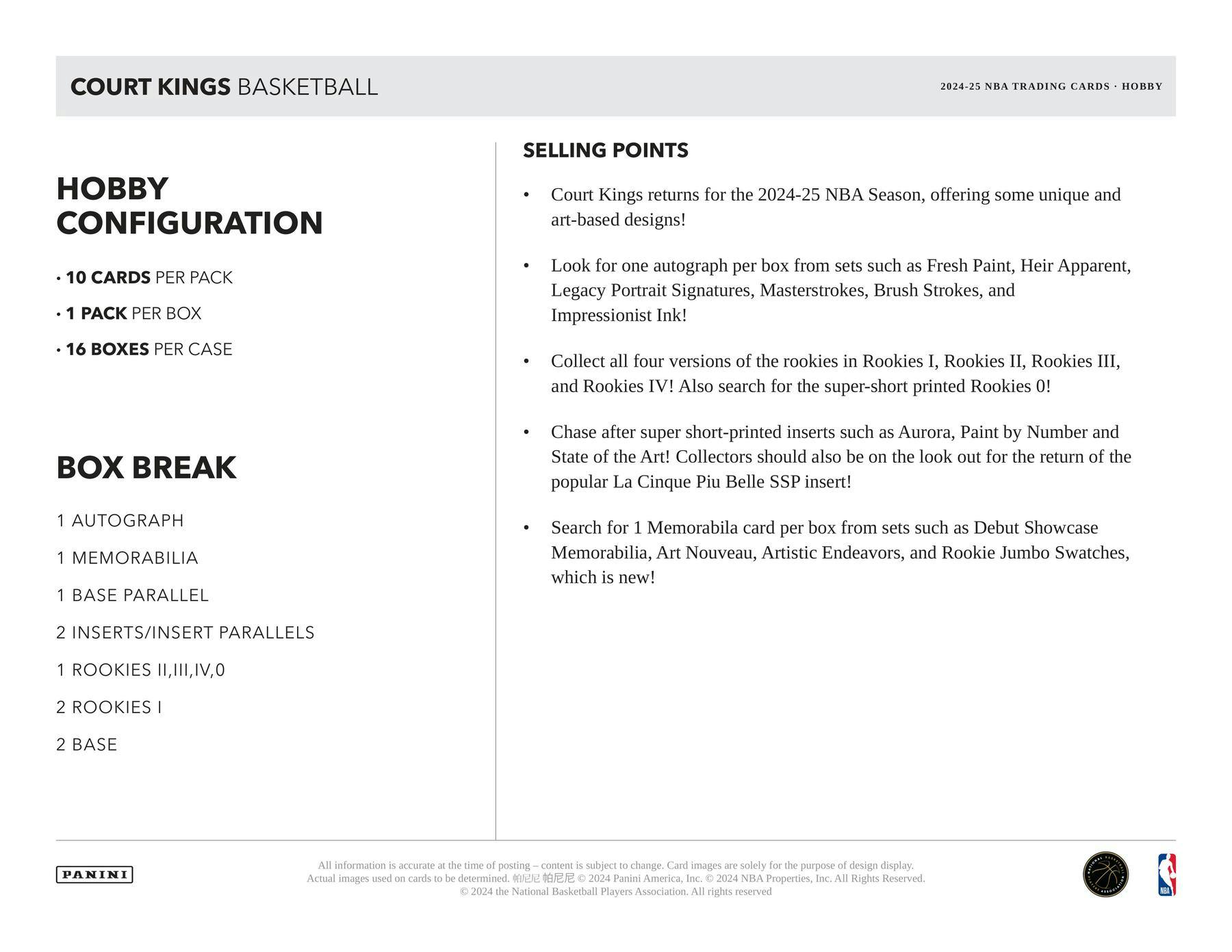2024/25 Panini Court Kings Basketball Hobby Box (1 Autos and Mem) - NBA Hobby Box