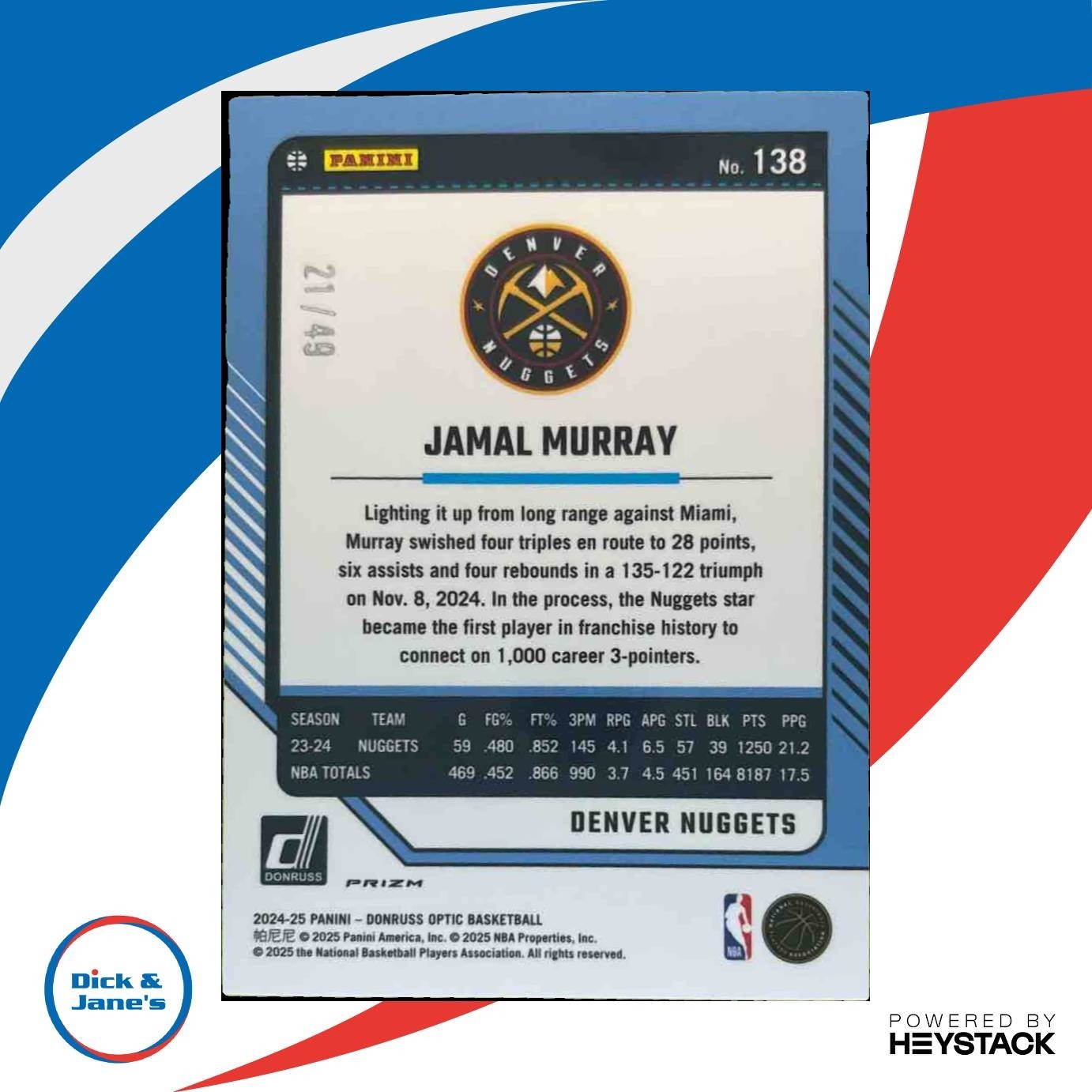 2024-25 Panini Donruss Optic Jamal Murray Blue 21/49 #138 Denver Nuggets - Sports Cards