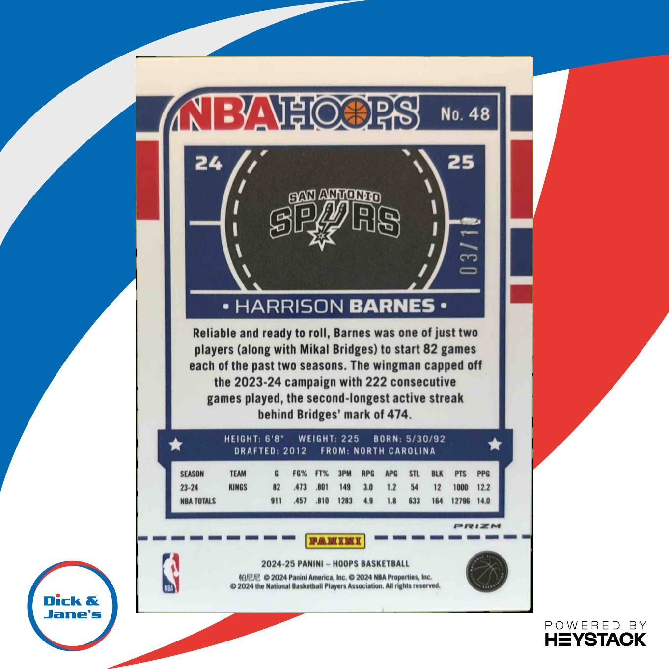 2024-25 Panini Hoops Harrison Barnes Gold Prizm Premium 3/10 San Antonio Spurs - Sports Cards