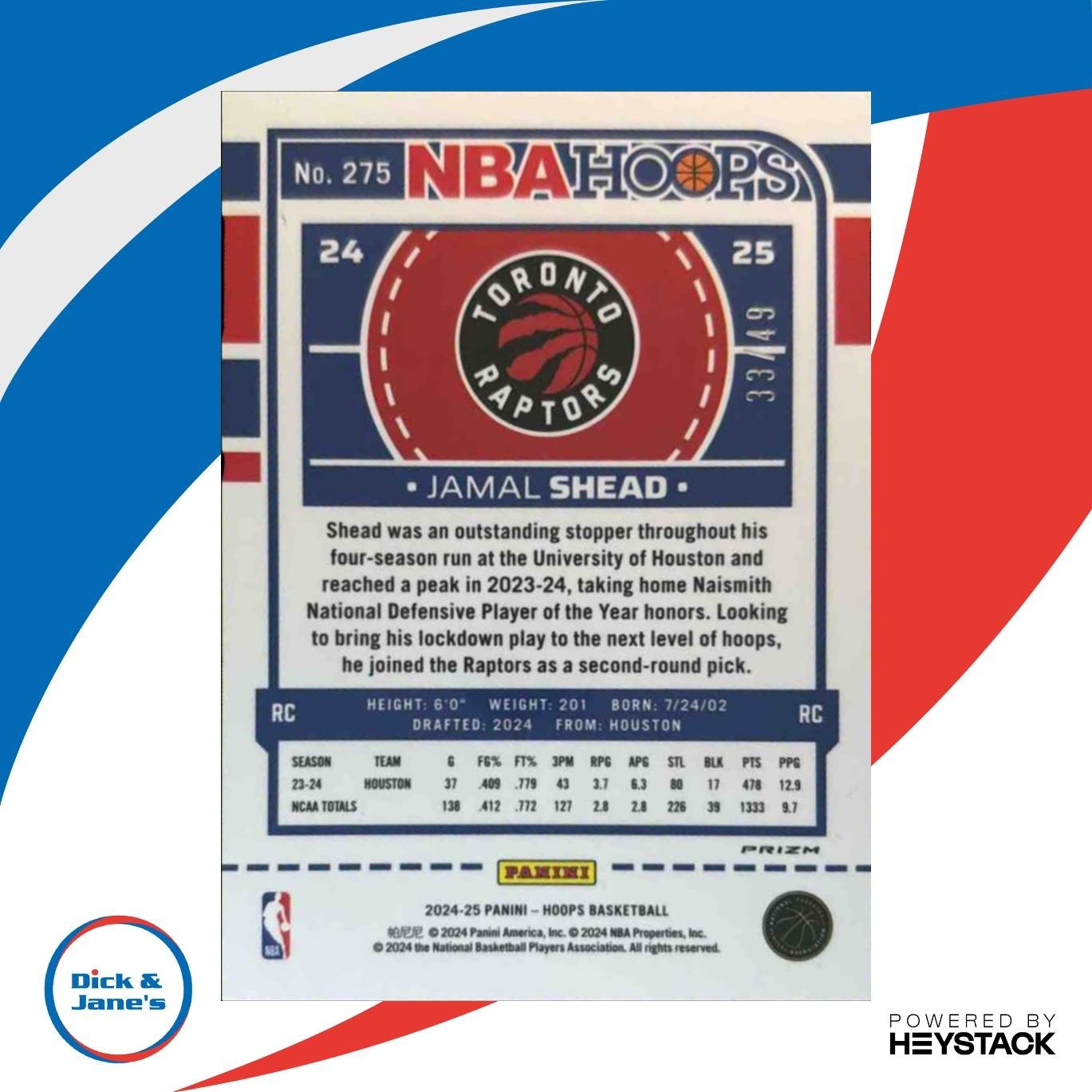 2024-25 Panini Hoops Jamal Shead Lazer Blue Prizm Premium 33/49 #275 RC Raptors - Sports Cards