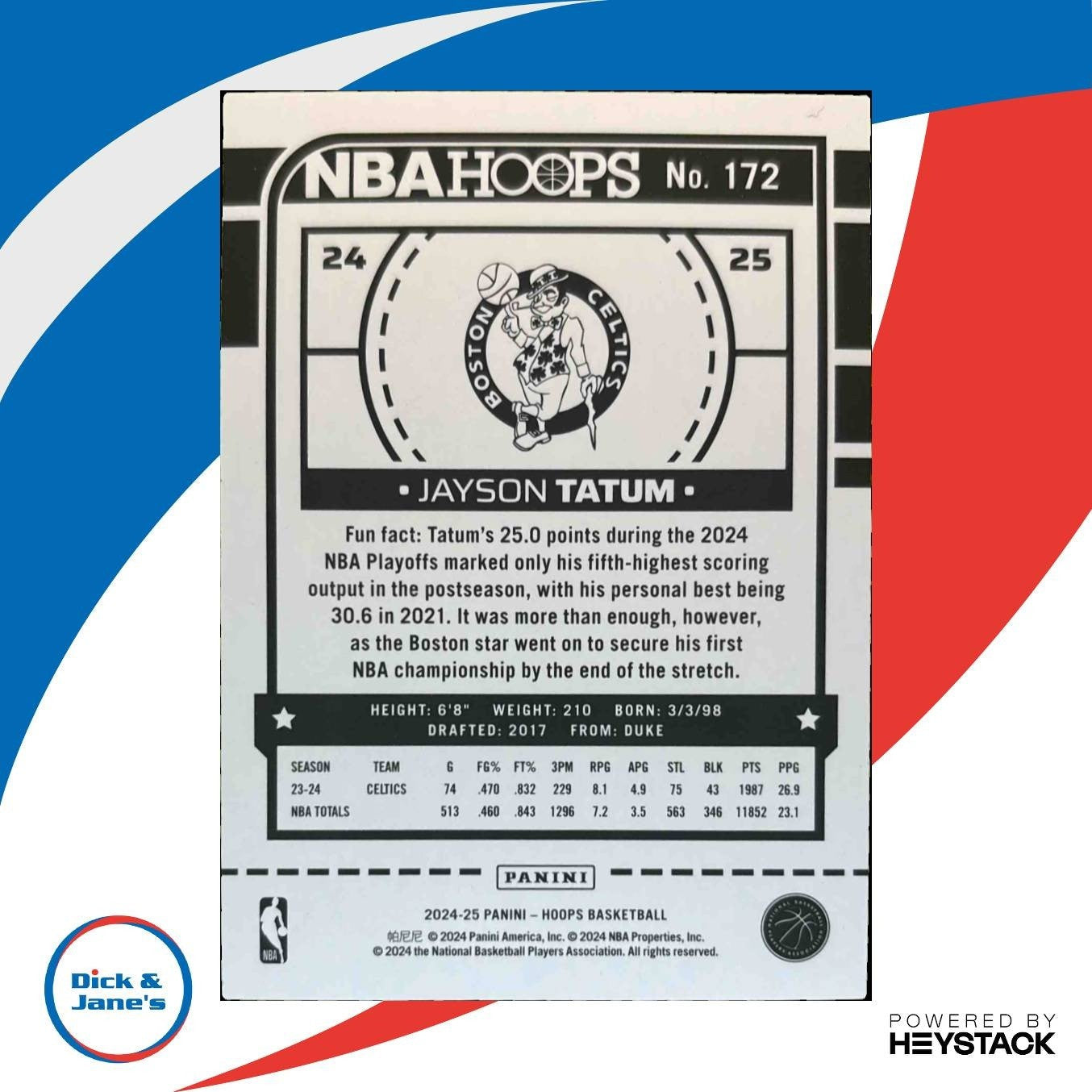 2024-25 Panini Hoops Jayson Tatum Teal /175 #172 Boston Celtics - Sports Cards