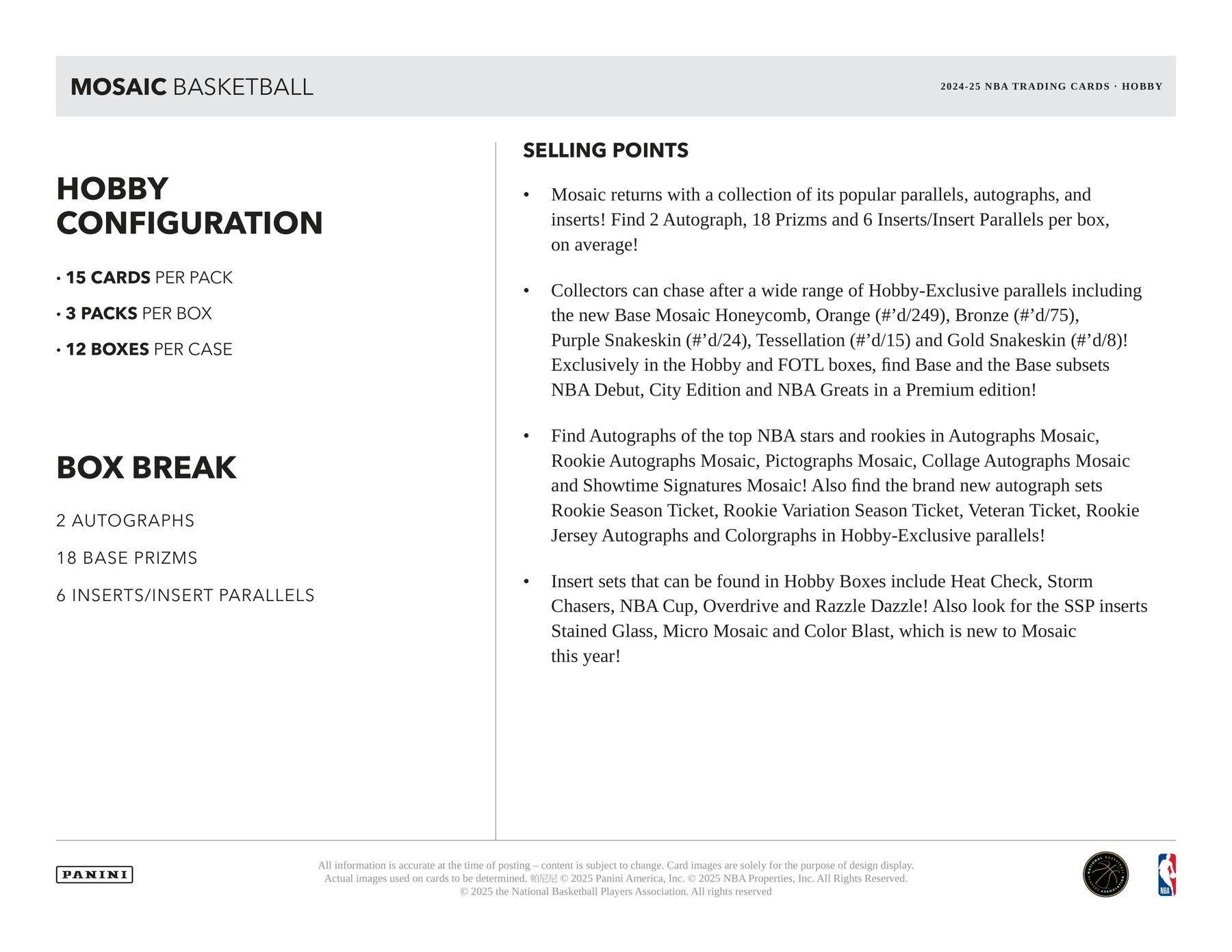 2024/25 Panini Mosaic Basketball Hobby Box (2 Autos) - NBA Hobby Box