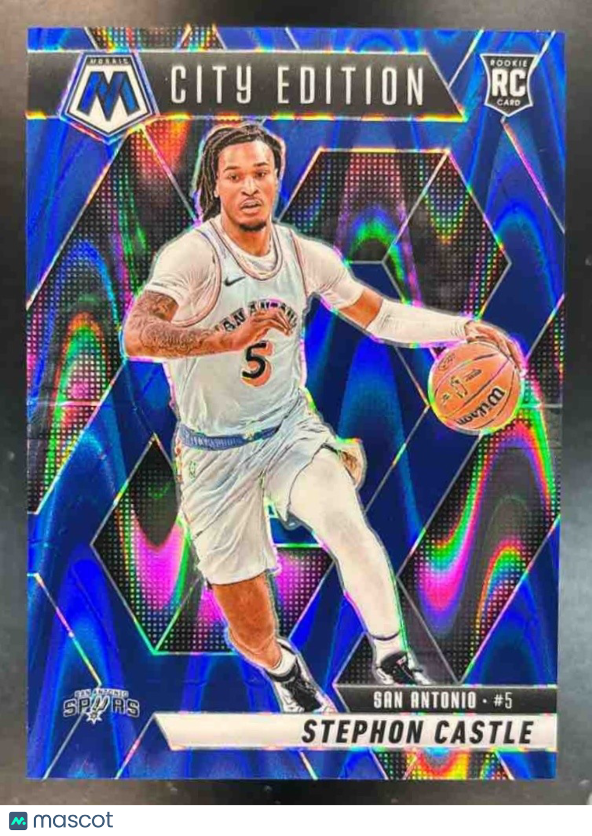 2024-25 Panini Mosaic Stephon Castle Blue Seismic /149 #290 City Edition Spurs - Sports Cards