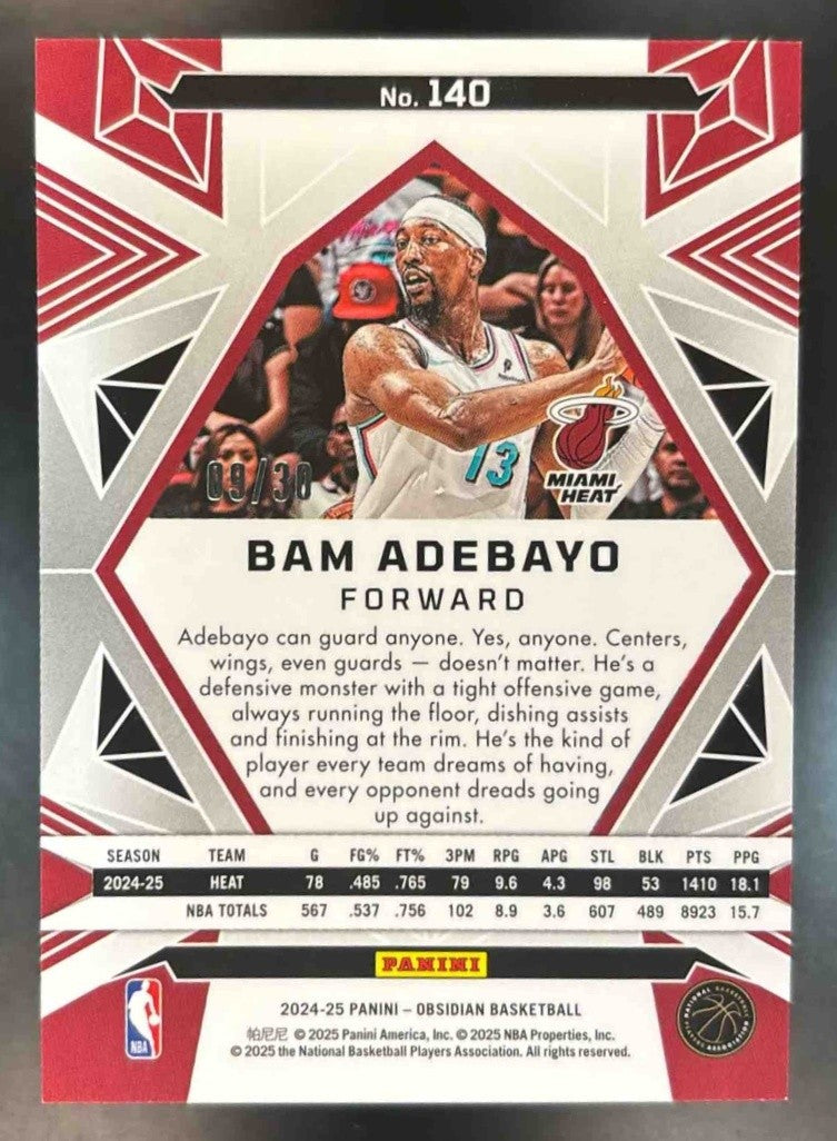 2024-25 Panini Obsidian Bam Adebayo Electric Etch Blue Flood /30 #140 Miami Heat - Sports Cards