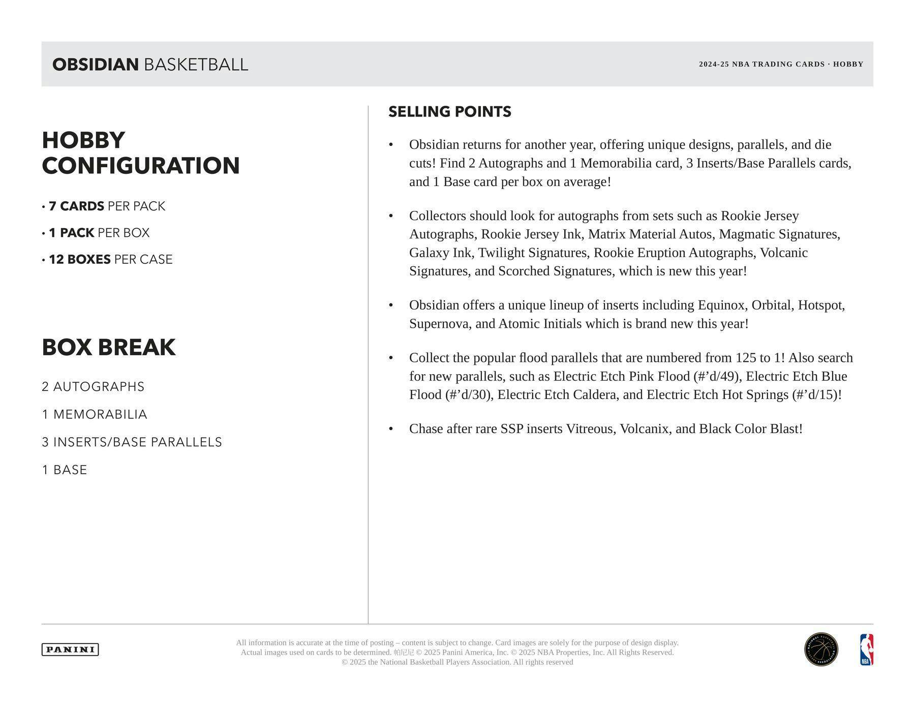 2024/25 Panini Obsidian Basketball Hobby Box (2 Auto and 1 Mem) - NBA Hobby Box