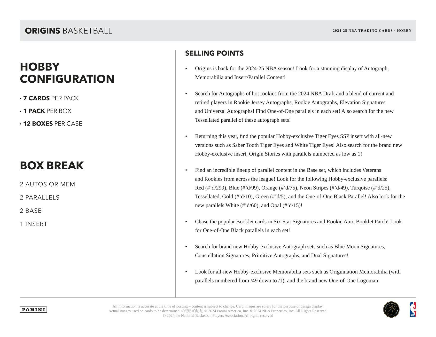 2024/25 Panini Origins Basketball Hobby (2 Autos or Mem) - NBA Hobby Box