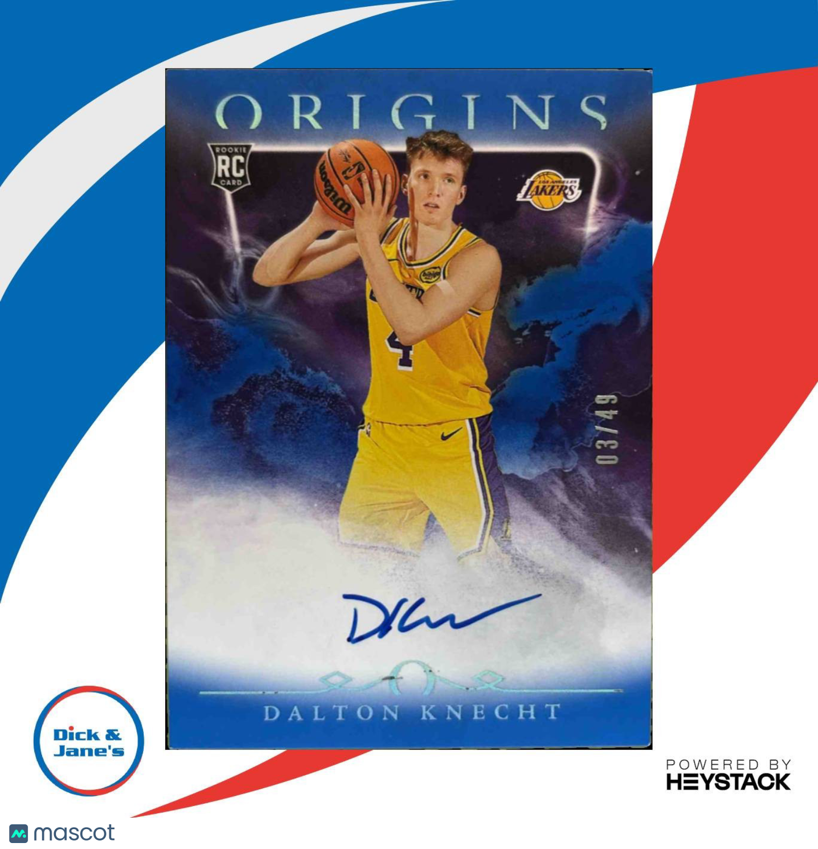 2024 25 Panini Origins Dalton Knecht Rookie Auto Blue 3/49Los Angeles Lakers Sports Cards