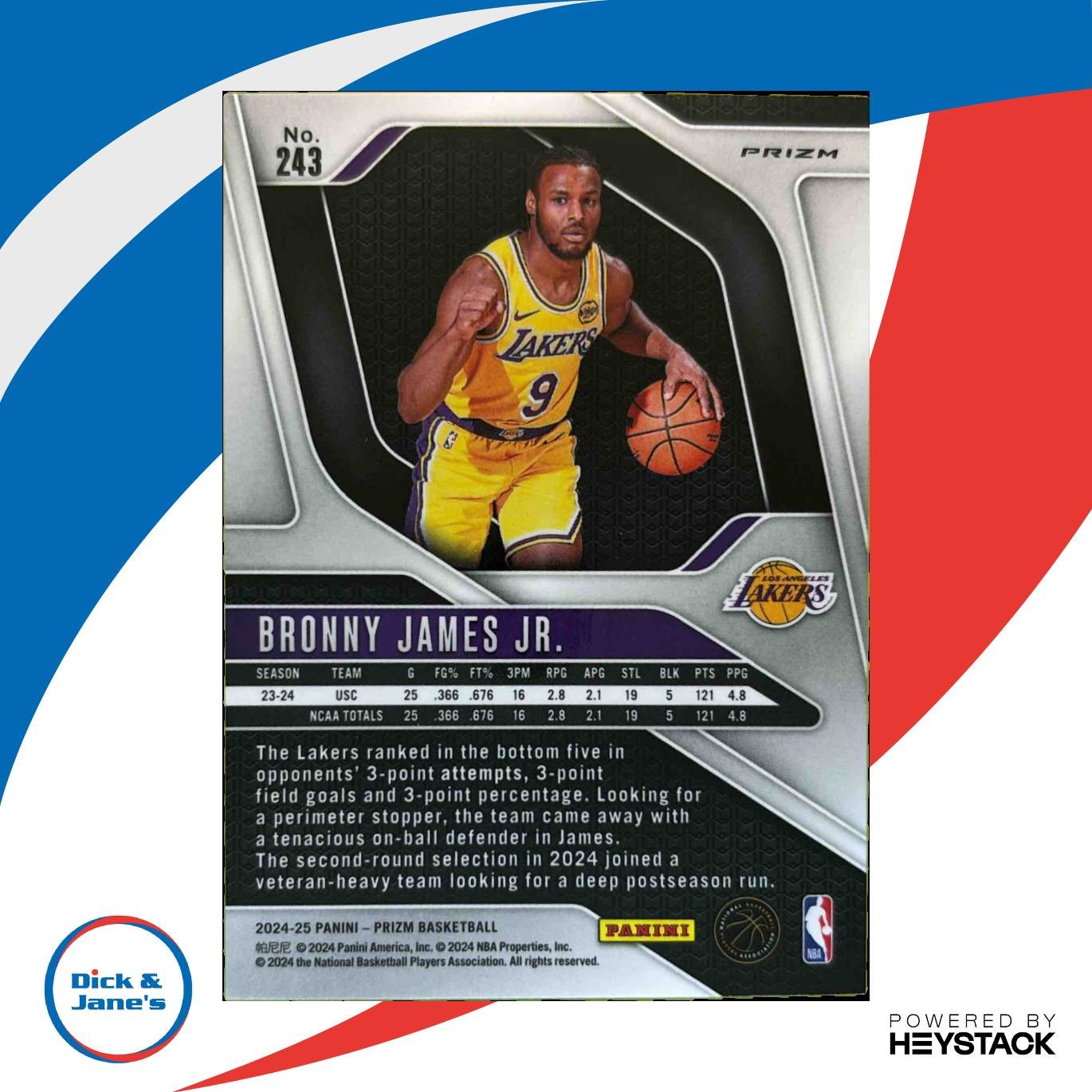 2024 25 Panini Prizm Bronny James Jr. Pink Ice #243 RC Los Angeles Lakers DJ2 Sports Cards