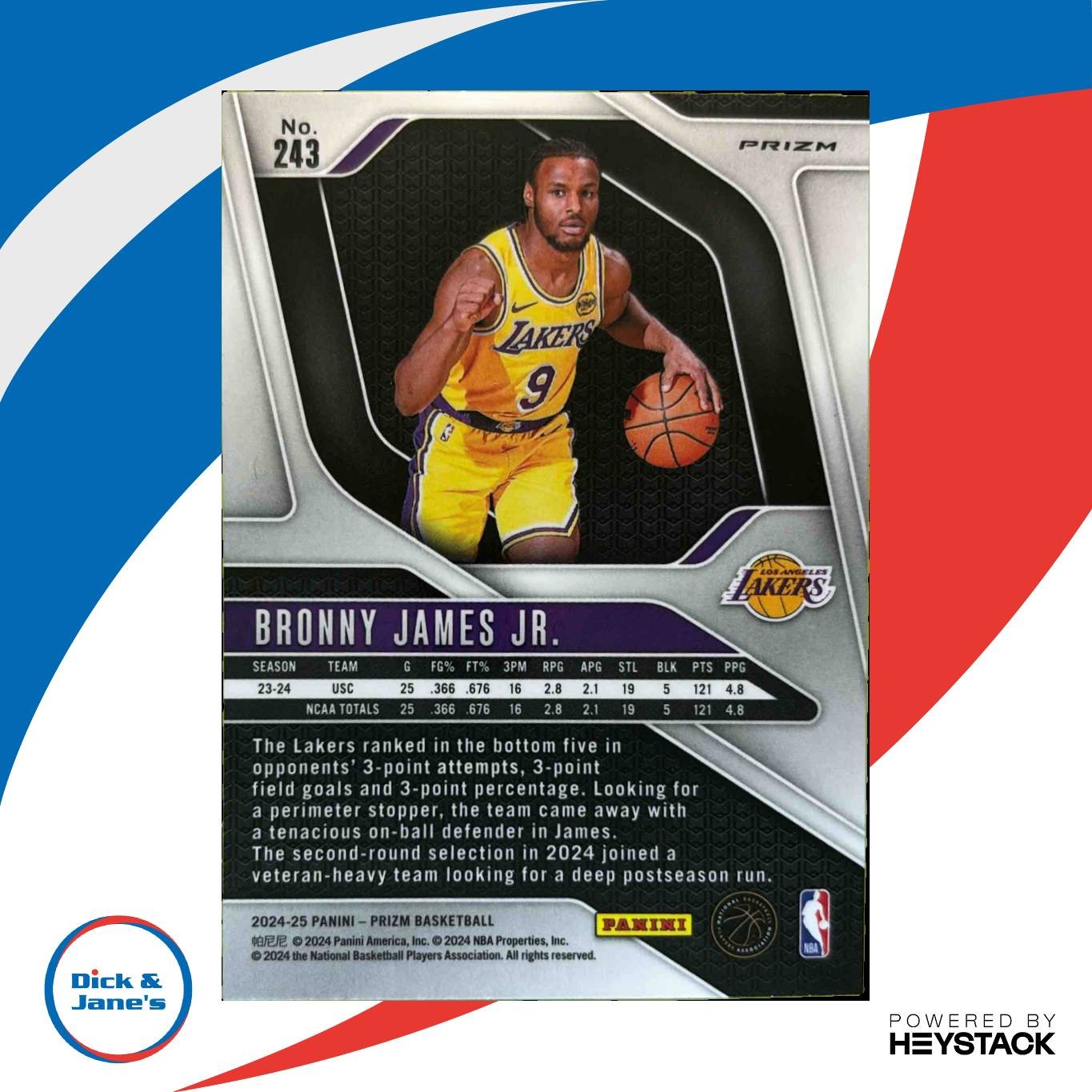 2024 25 Panini Prizm Bronny James Jr. Pink Ice #243 RC Los Angeles Lakers DJ1 Sports Cards