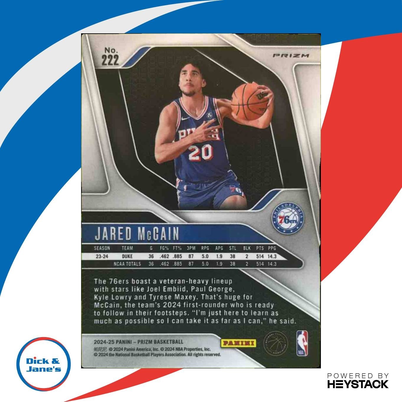 2024-25 Panini Prizm Jared McCain Red White and Blue #222 RC Philadelphia 76ers - Sports Cards