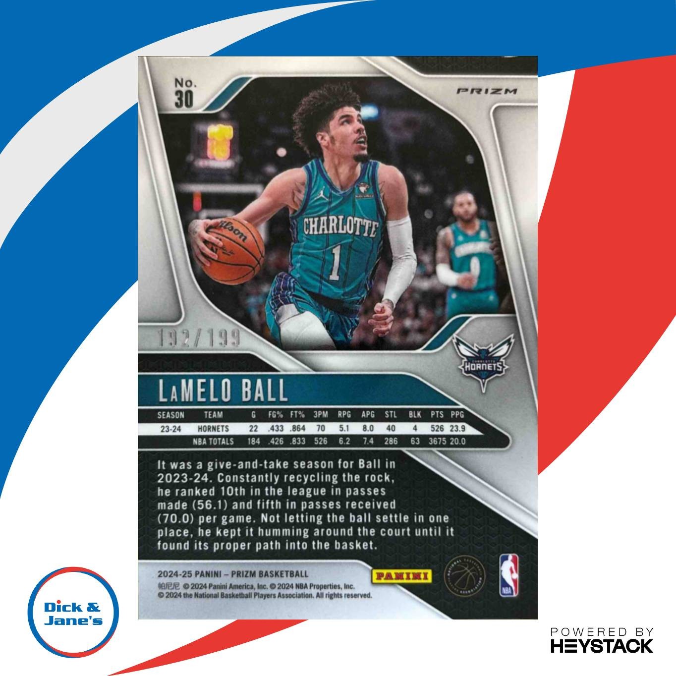 2024-25 Panini Prizm LaMelo Ball Blue 192/199 #30 Charlotte Hornets - Sports Cards