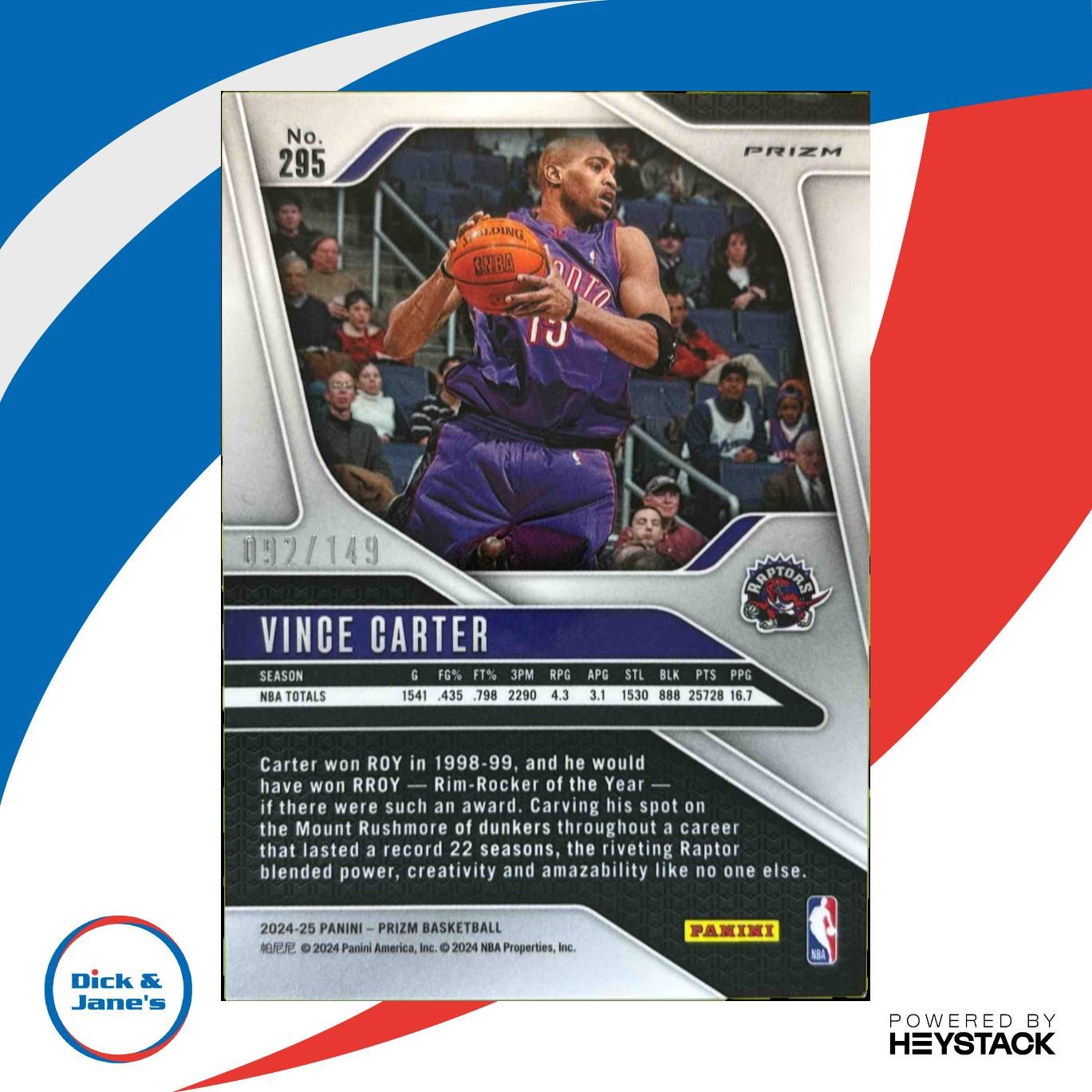 2024-25 Panini Prizm Vince Carter Purple Ice 92/149 #295 Toronto Raptors - Sports Cards