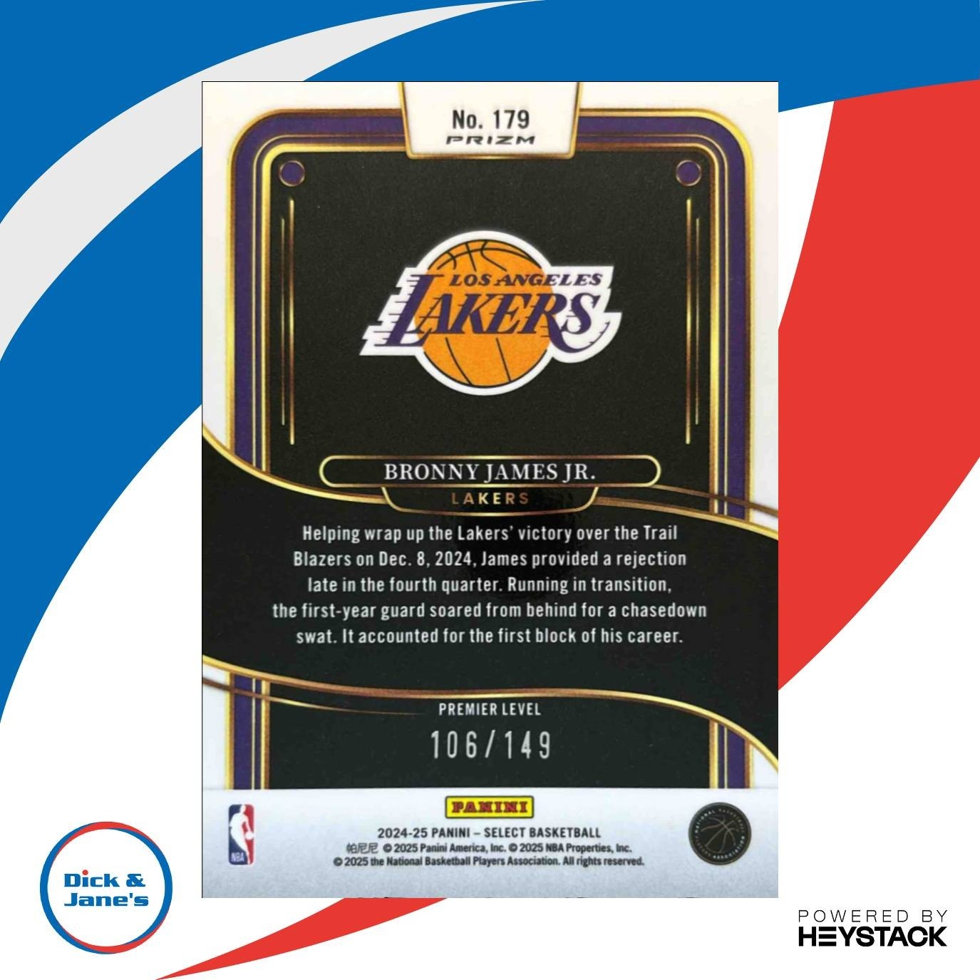 2024-25 Panini Select Bronny James Jr. Premier White Prizm /149 #179 Lakers - Sports Cards