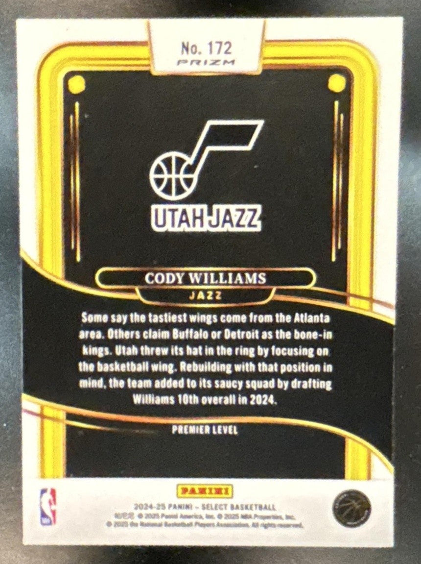 2024-25 Panini Select Cody Williams Premier Tiger Prizm #172 RC Utah Jazz - Sports Cards