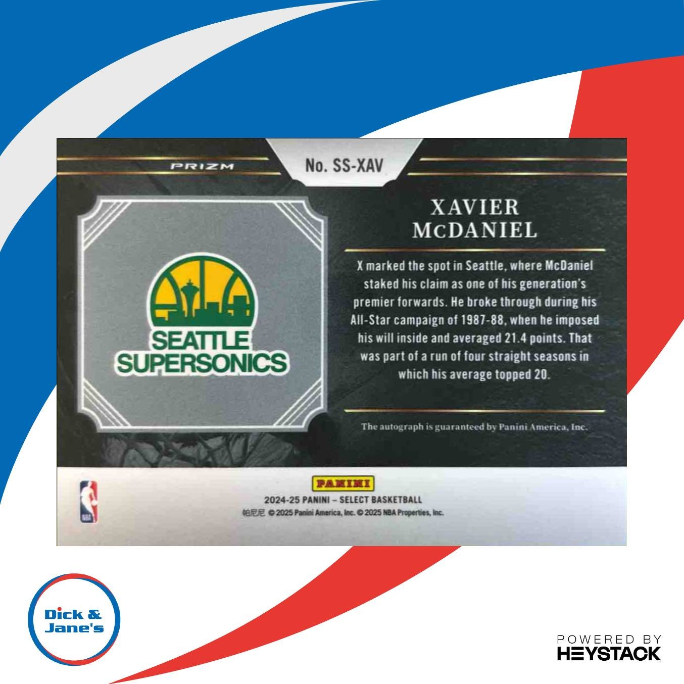 2024-25 Panini Select Xavier McDaniel Signature Selections #SS- Auto Supersonics - Sports Cards
