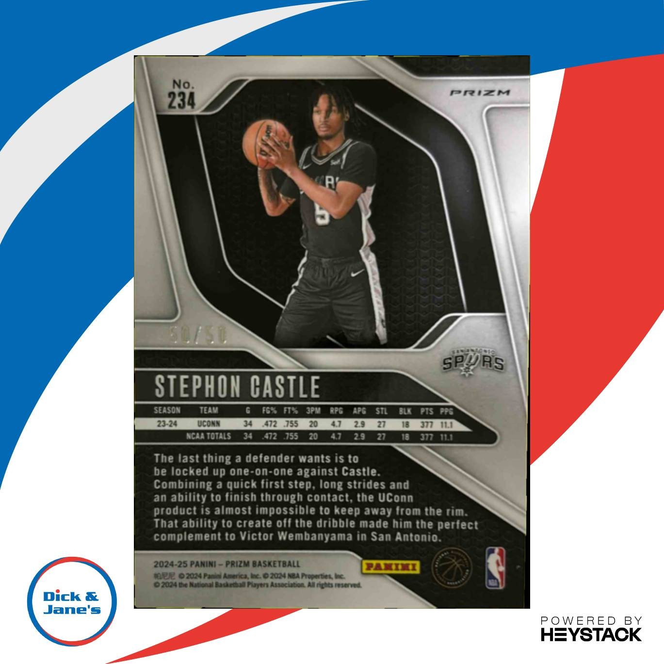 2024-25 Prizm Stephon Castle Fast Break Pink 50/50 #234 RC San Antonio Spurs - Sports Cards