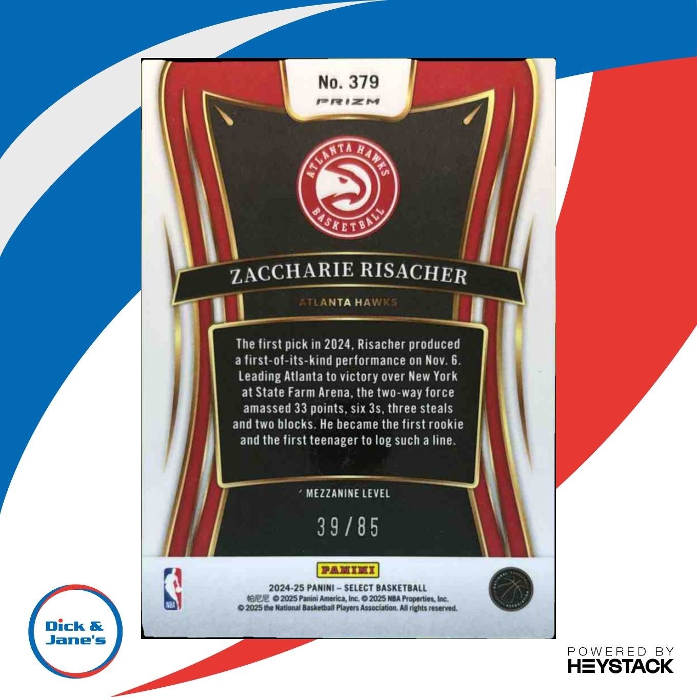 2024-25 Select Zaccharie Risacher Mezzanine Maroon /85 #379 RC Atlanta Hawks - Sports Cards