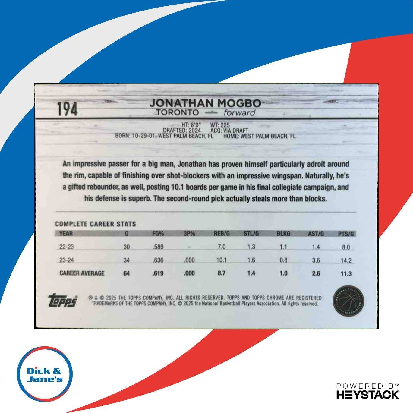 2024-25 Topps Chrome Jonathan Mogbo Purple Geometric /129 194 RC Toronto Raptors - Sports Cards