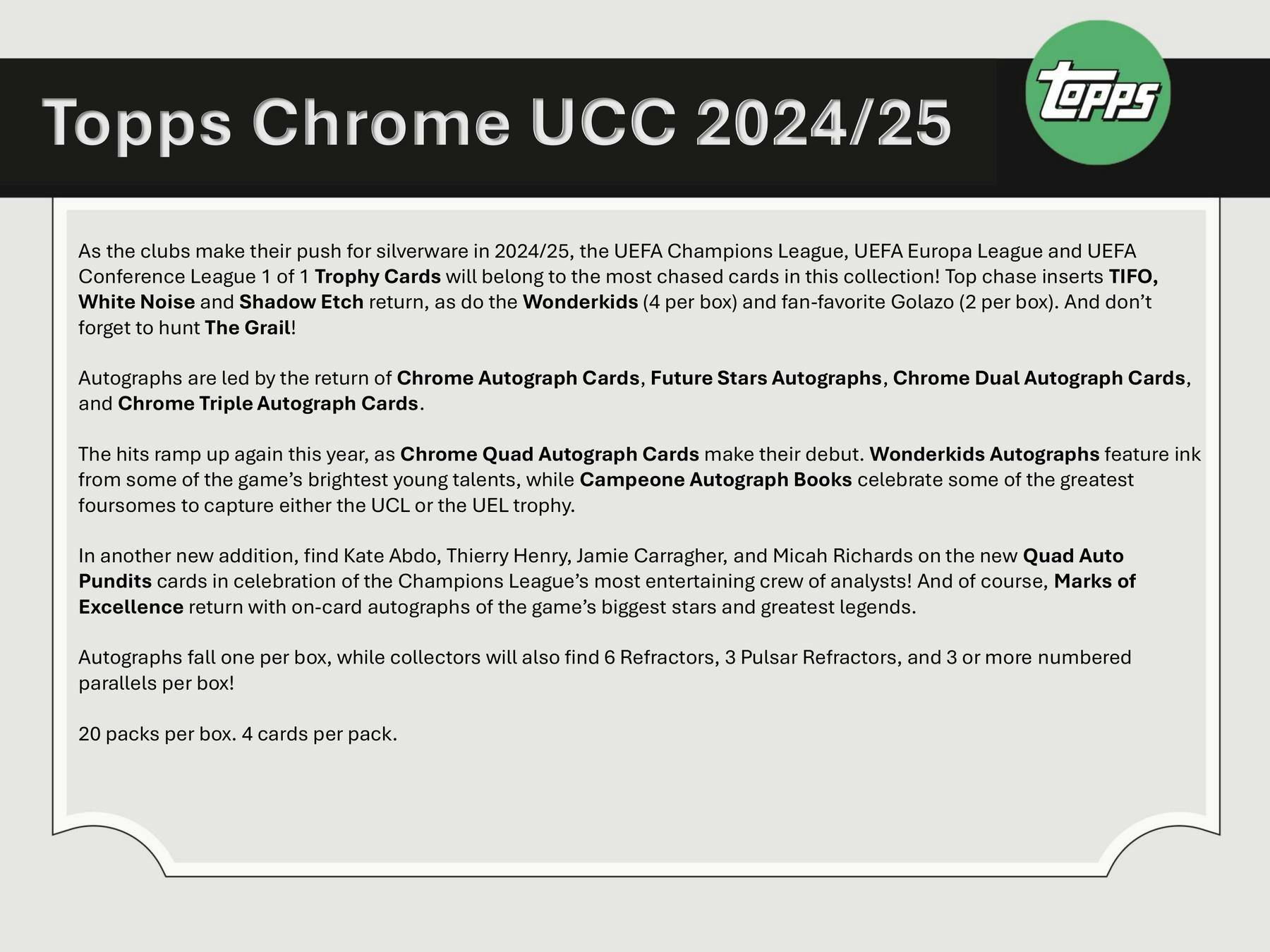 2024/25 Topps Chrome UEFA Club Competitions UCC Soccer Hobby Box (1 Auto) May 15th - Soccer Hobby Box