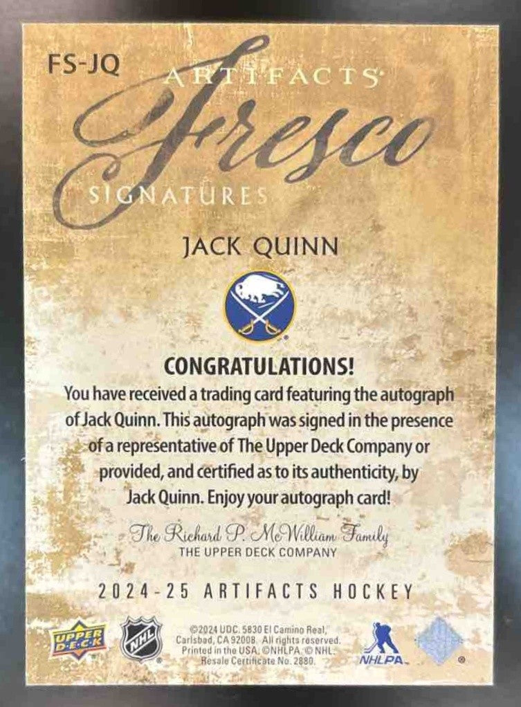 2024-25 Upper Deck Artifacts Jack Quinn Fresco Signatures Auto Buffalo Sabres - Sports Cards