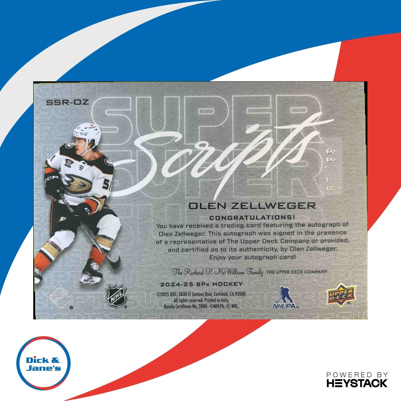 2024-25 Upper Deck SPx Olen Zellweger SuperScripts Rookies Gold 67/99 Auto Ducks - Sports Cards