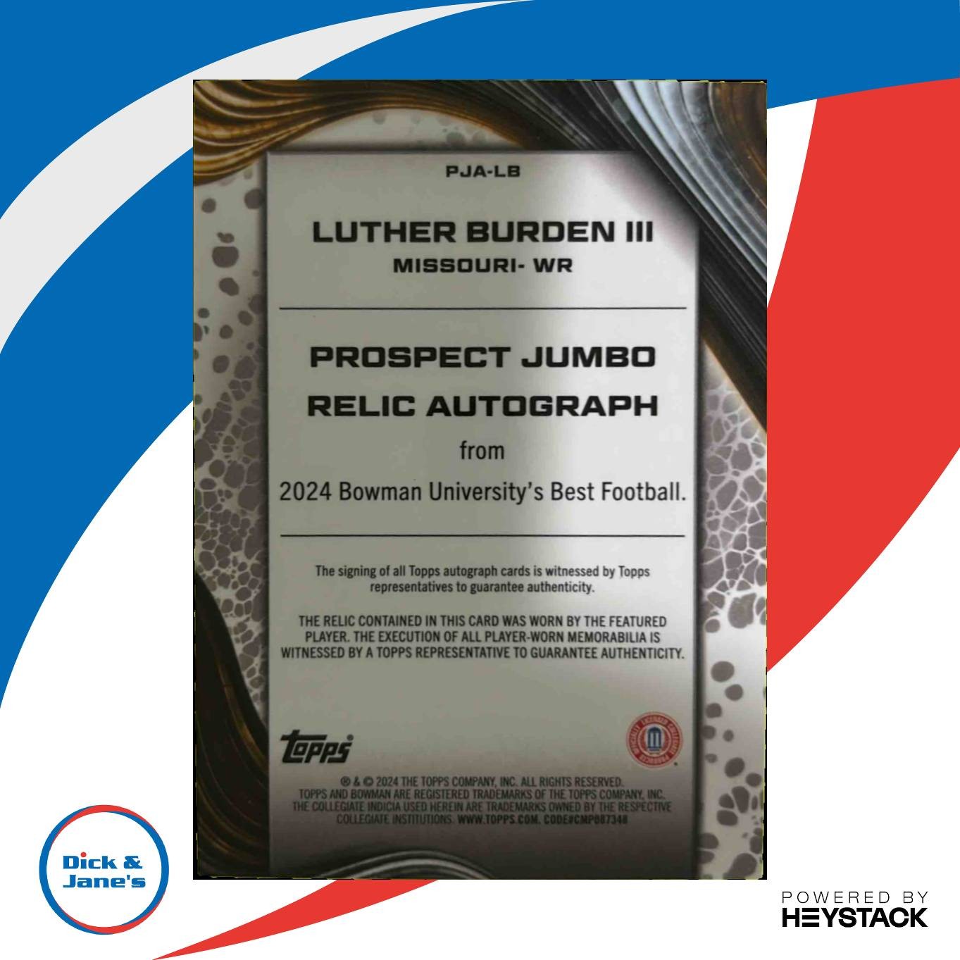 2024 Bowman Best University Luther Burden III Prospect Jumbo Relic Auto 10/99 - Sports Cards