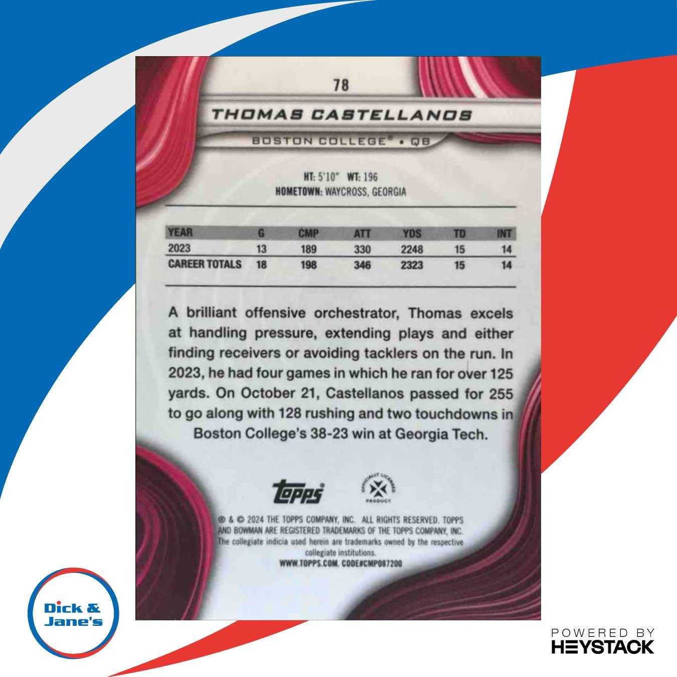 2024 Bowman Best University Thomas Castellanos Blue Refractor 1/149 #78 Eagles - Sports Cards