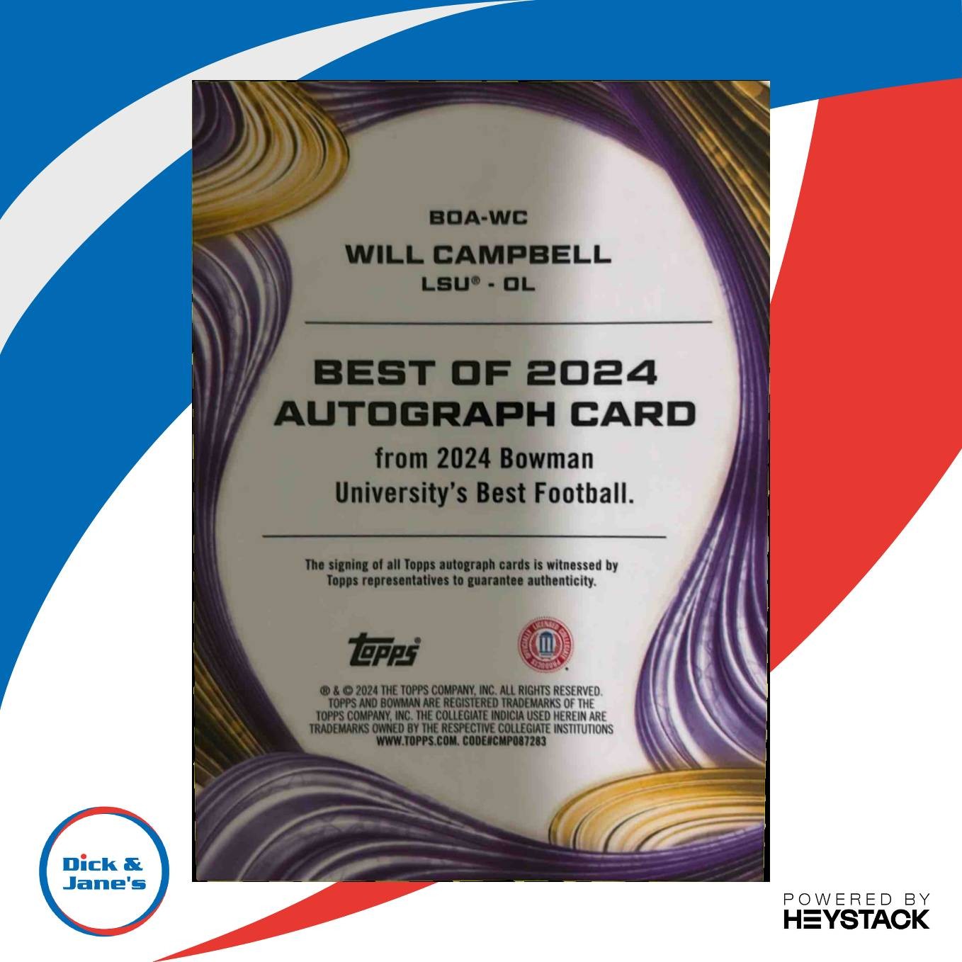 2024 Bowman Best University Will Campbell Best of 2024 Auto LSU Tigers - Sports Cards