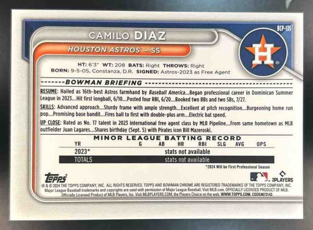 2024 Bowman Camilo Diaz Chrome Prospects Green Shimmer /99 #BCP-135 Astros - Sports Cards