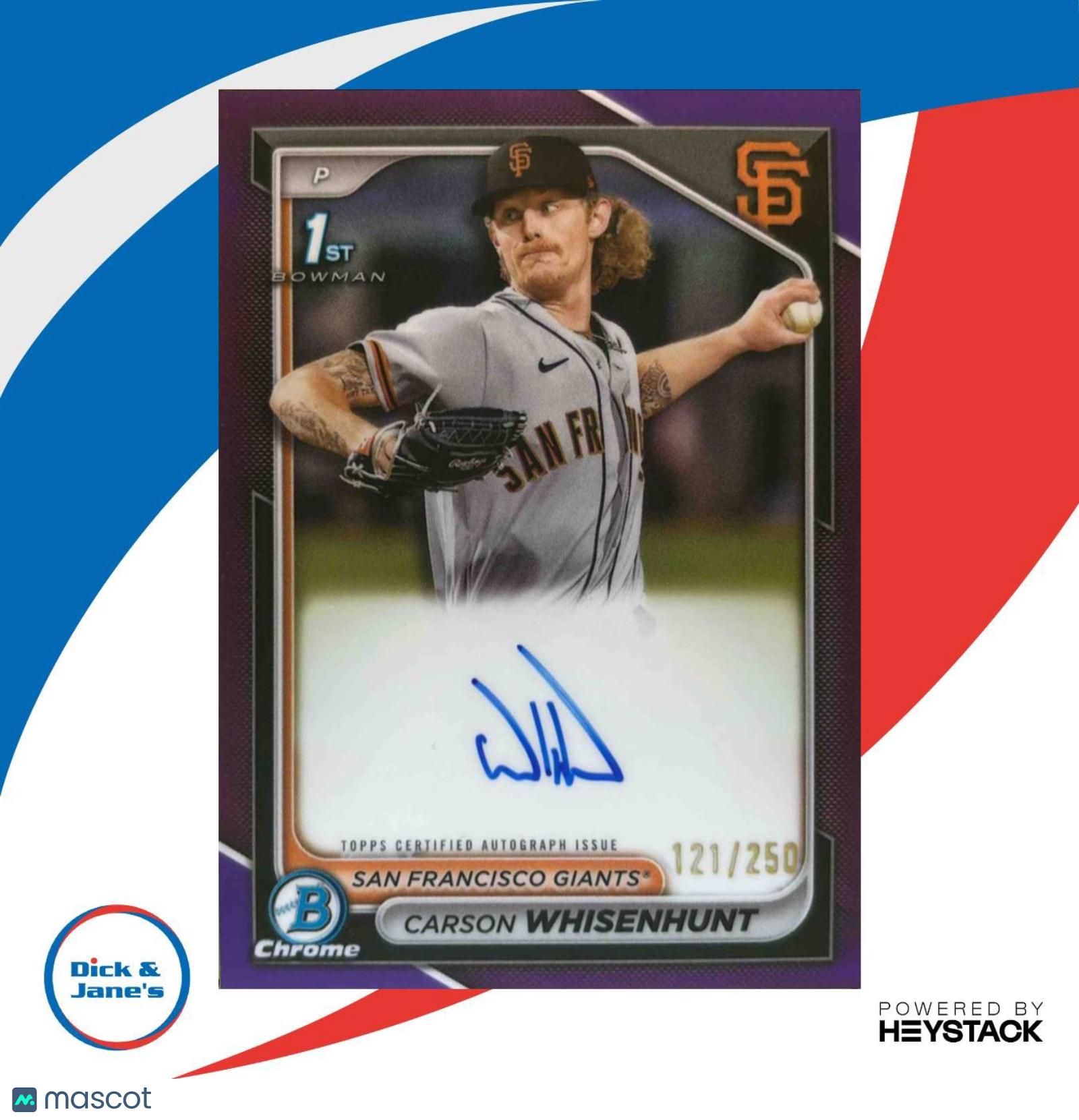 2024 Bowman Carson Whisenhunt Chrome Auto Purple Refractor 121/250 1st Prospect - Sports Cards