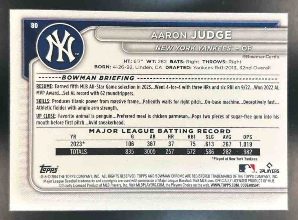 2024 Bowman Chrome Aaron Judge #80 New York Yankees - Sports Cards