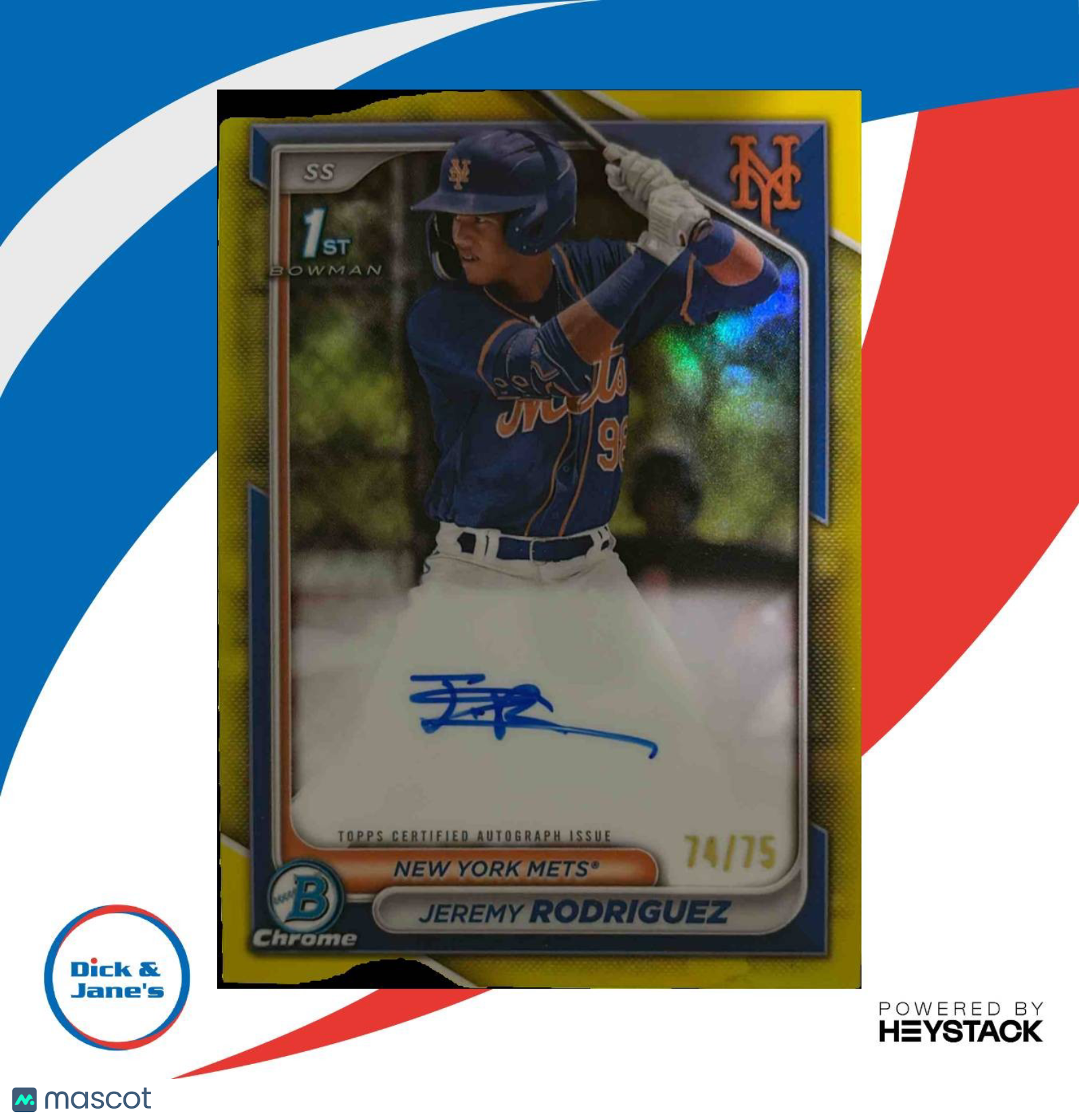 2024 Bowman Chrome Jeremy Rodriguez Auto Yellow Refractor /75 1st Prospect Mets - Sports Cards