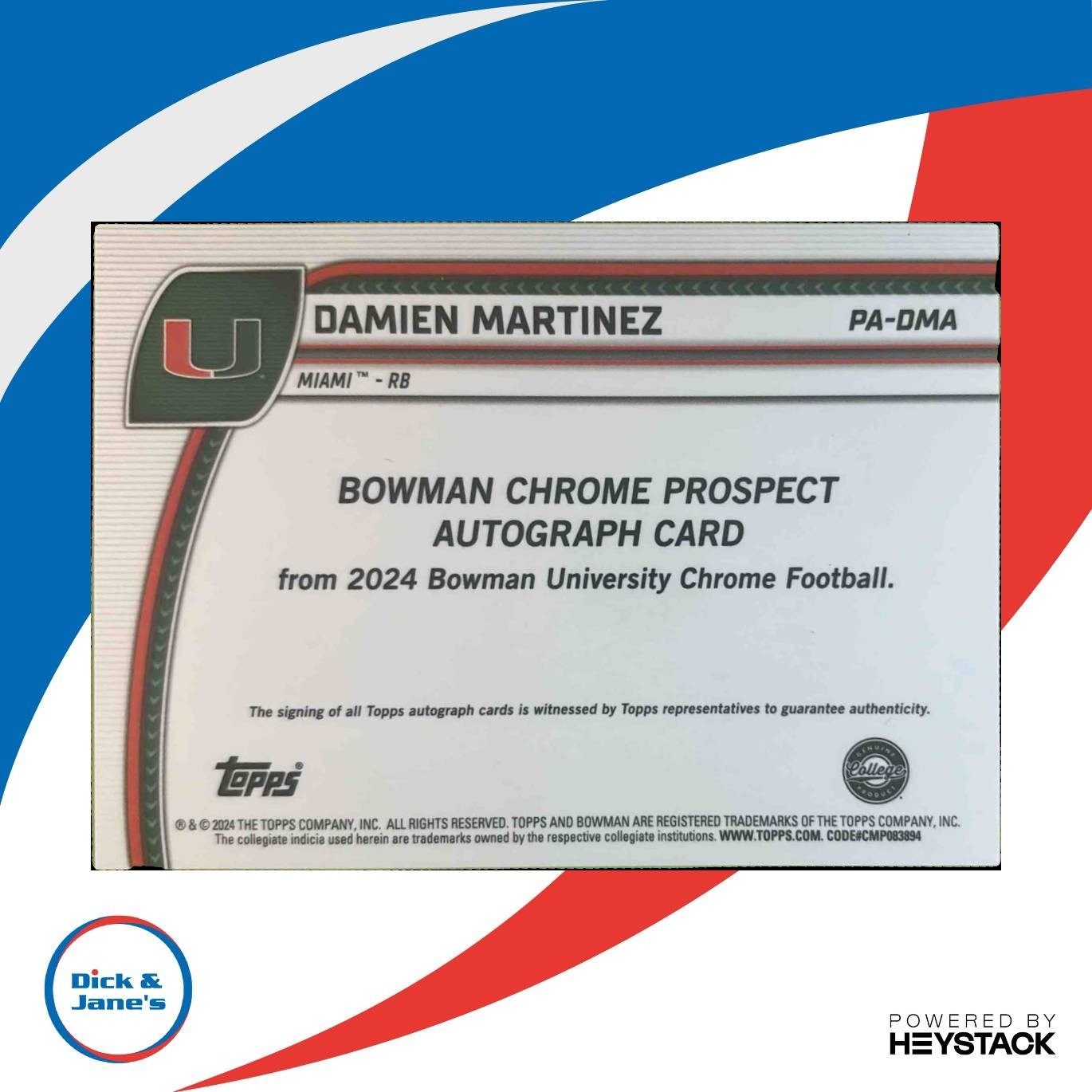 2024 Bowman Chrome University Damien Martinez Prospect Auto Miami Hurricanes - Sports Cards