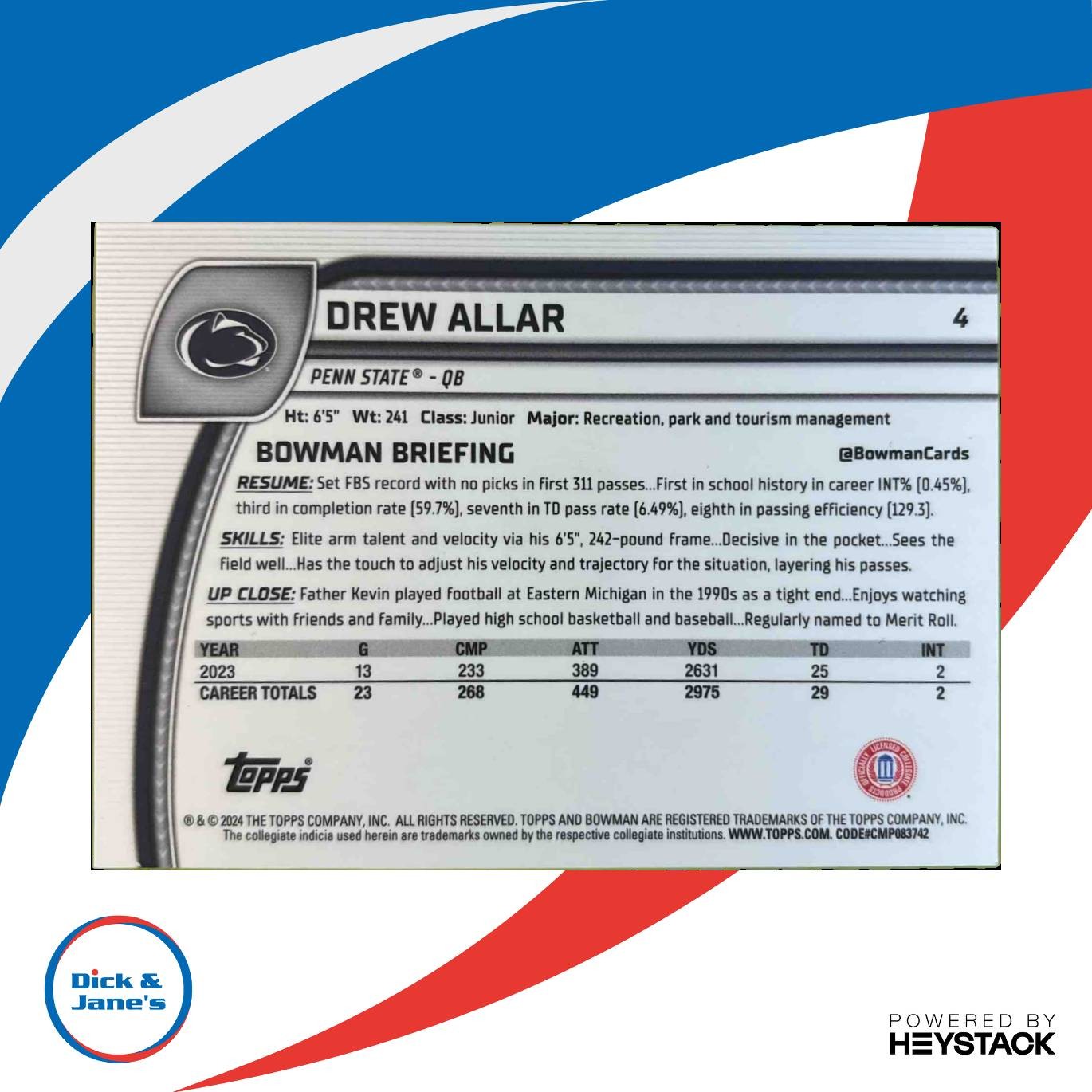 2024 Bowman Chrome University Drew Allar Blue Refractor 176/199 #4 Penn State - Sports Cards