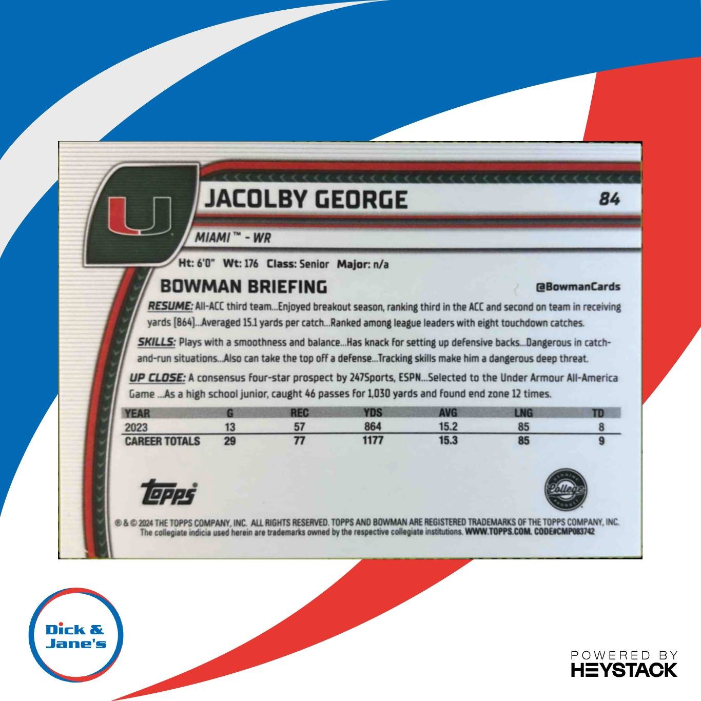 2024 Bowman Chrome University Jacolby George Purple /399 #84 Prospect Hurricanes - Sports Cards