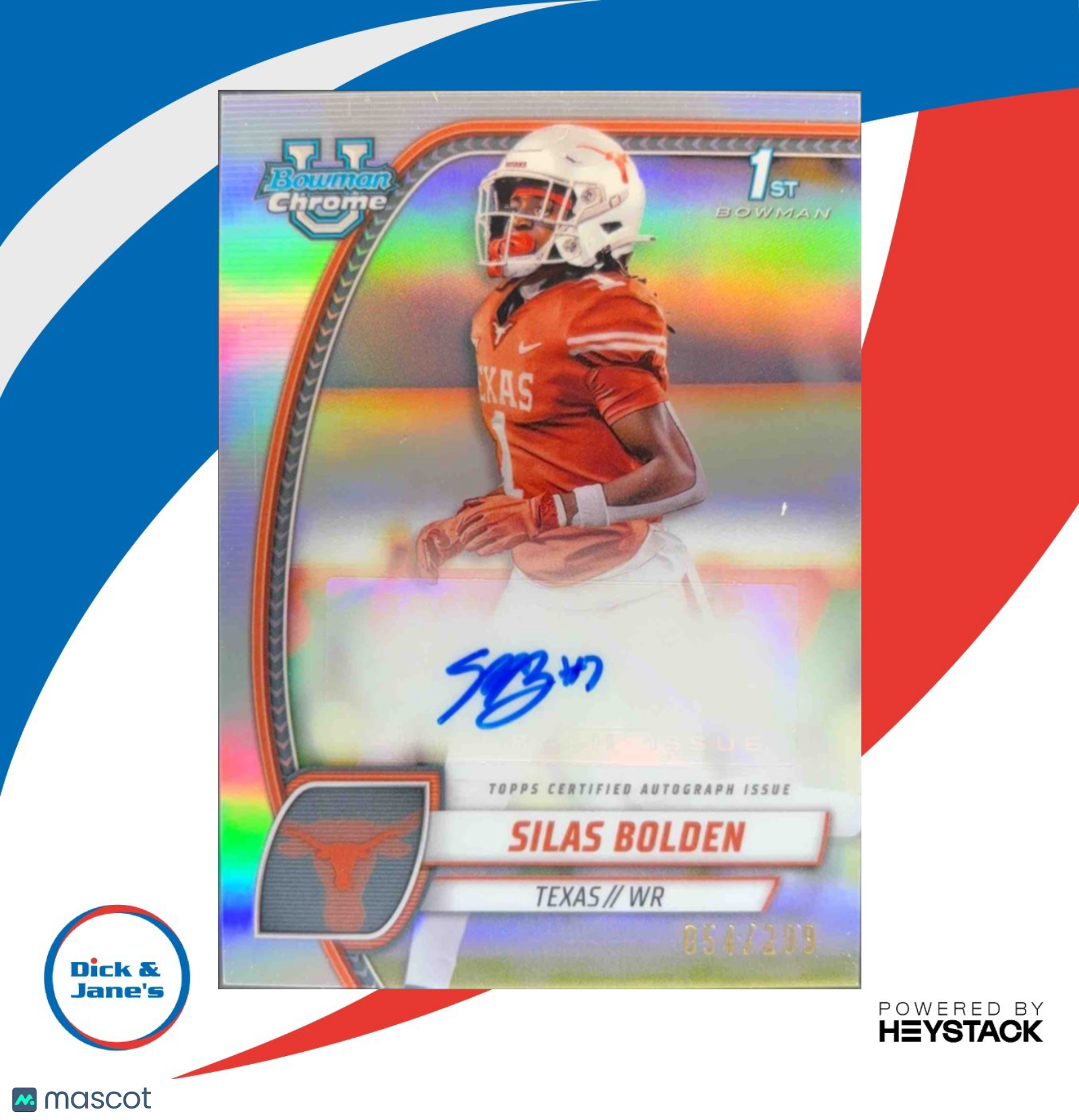 2024 Bowman Chrome University Silas Bolden Prospect Auto Refractor 54/299 Texas - Sports Cards