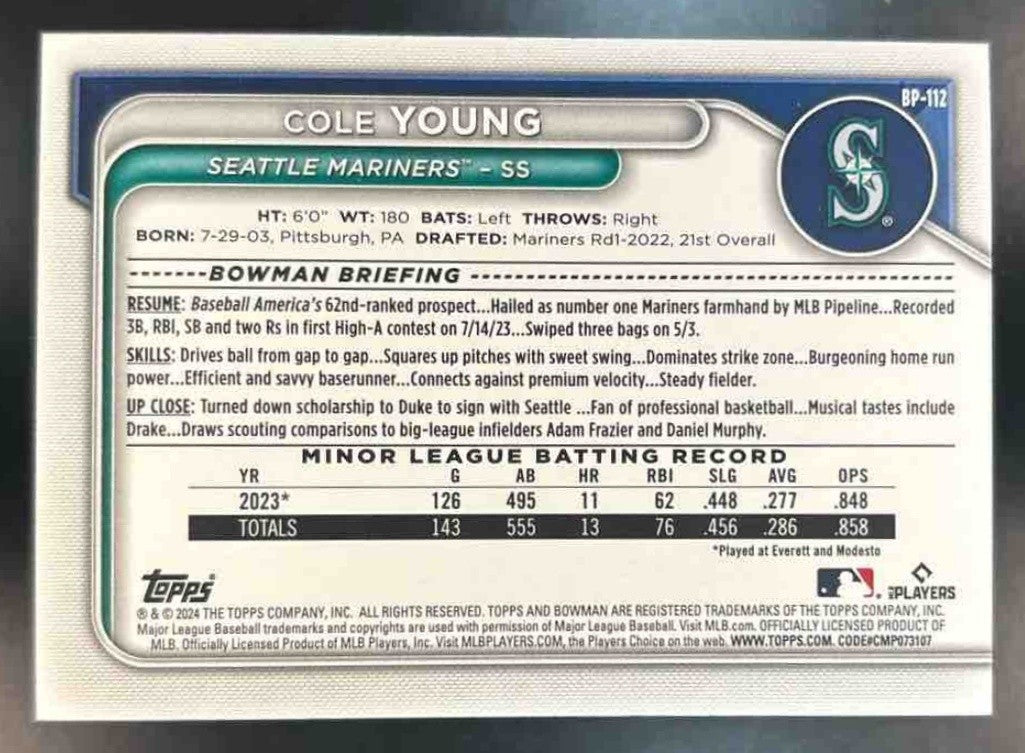 2024 Bowman Cole Young Prospects Purple /250 #BP-112 Seattle Mariners - Sports Cards