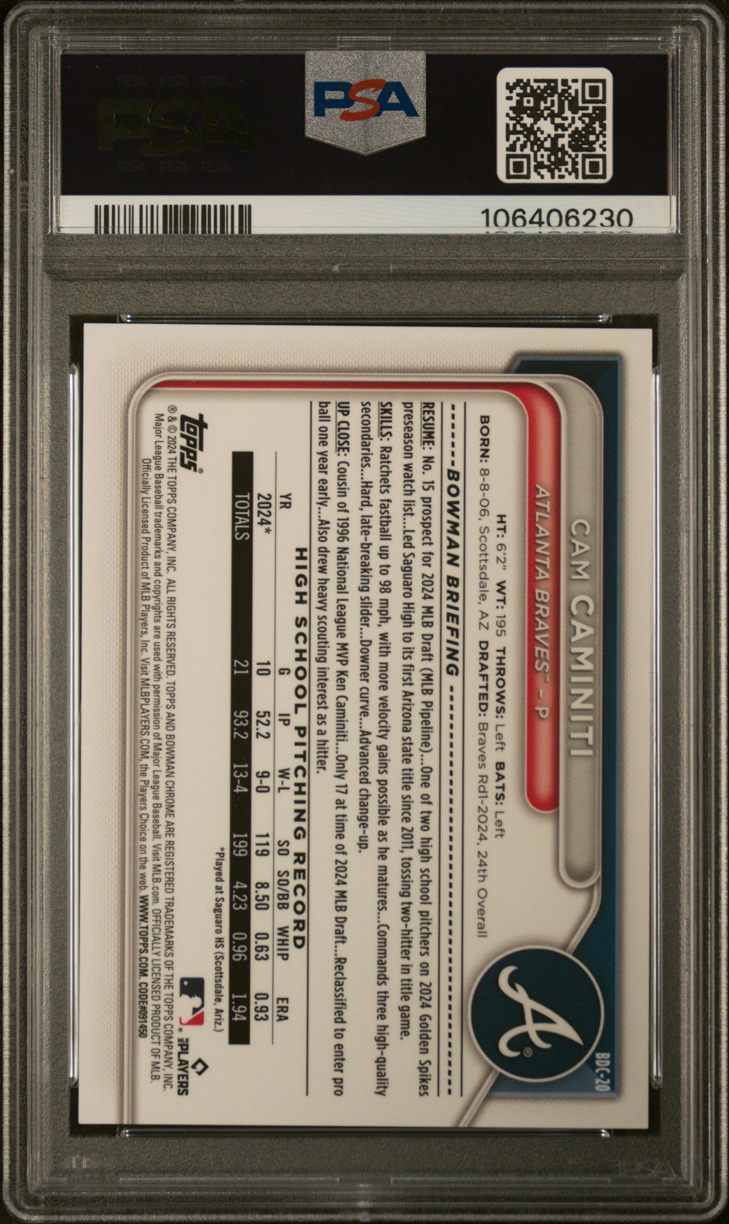 2024 Bowman Draft Cam Caminiti Chrome Rose Gold Lava 1st Bowman /10 BDC20 PSA 10 - Graded Sports Cards