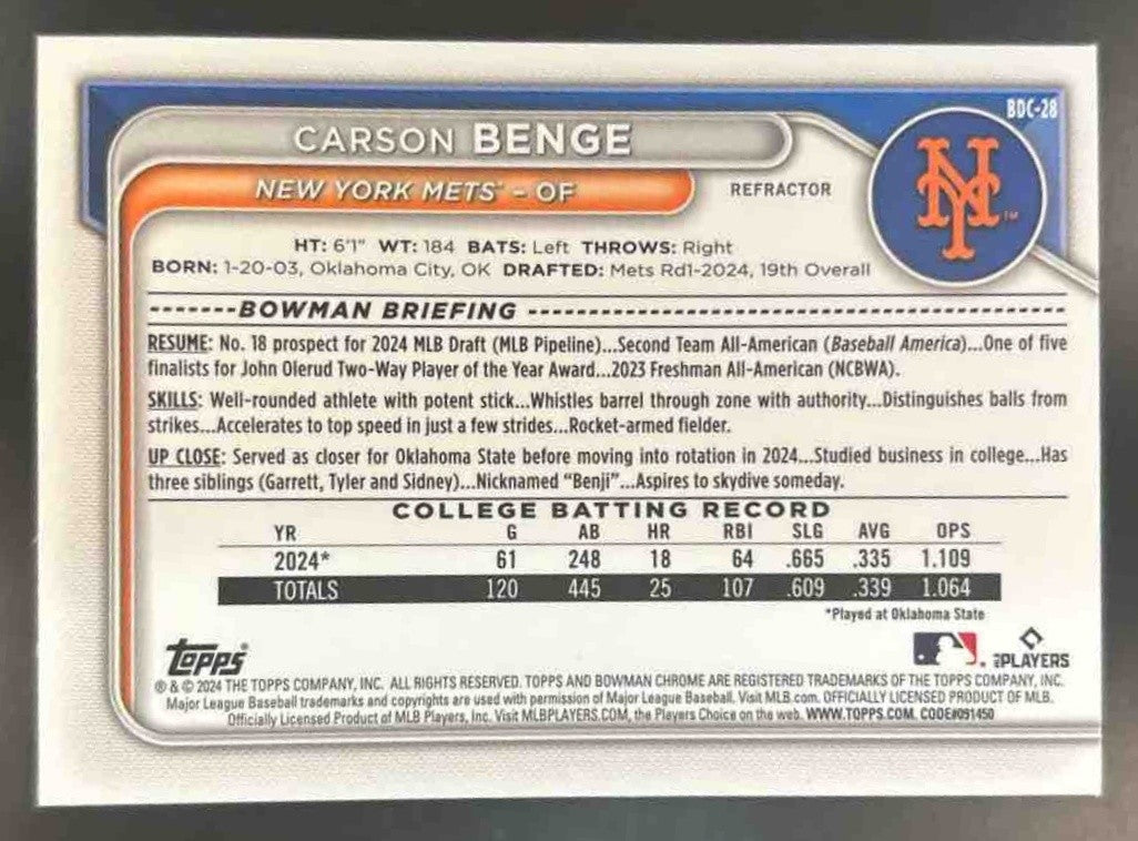 2024 Bowman Draft Carson Benge Chrome Refractor #BDC-28 1st Prospect Mets - Sports Cards