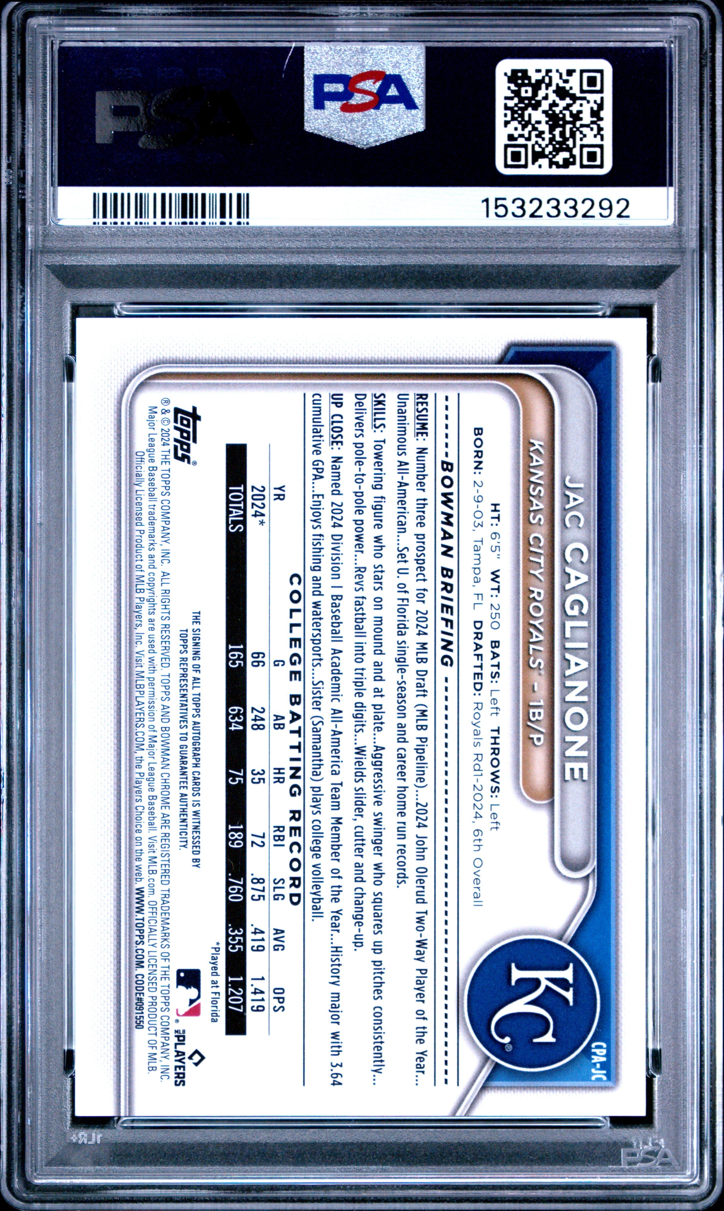 2024 Bowman Draft Chrome 1st Prospect Auto Jac Caglianone Green Lava /99 PSA 10 - Graded Sports Cards